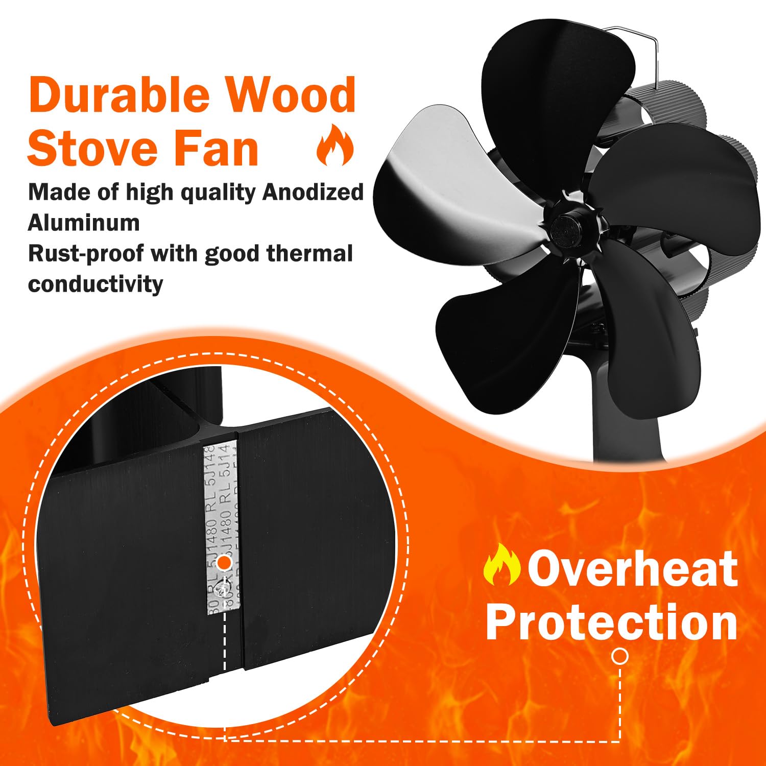 Efficient Heat Powered Wood Stove Fan with Magnetic Thermometer - Eco-Friendly Thermoelectric Fireplace Fan for Wood Burning Stoves, Pellet Heaters & Log Burners - Perfect for Home Heating & Energy Savings