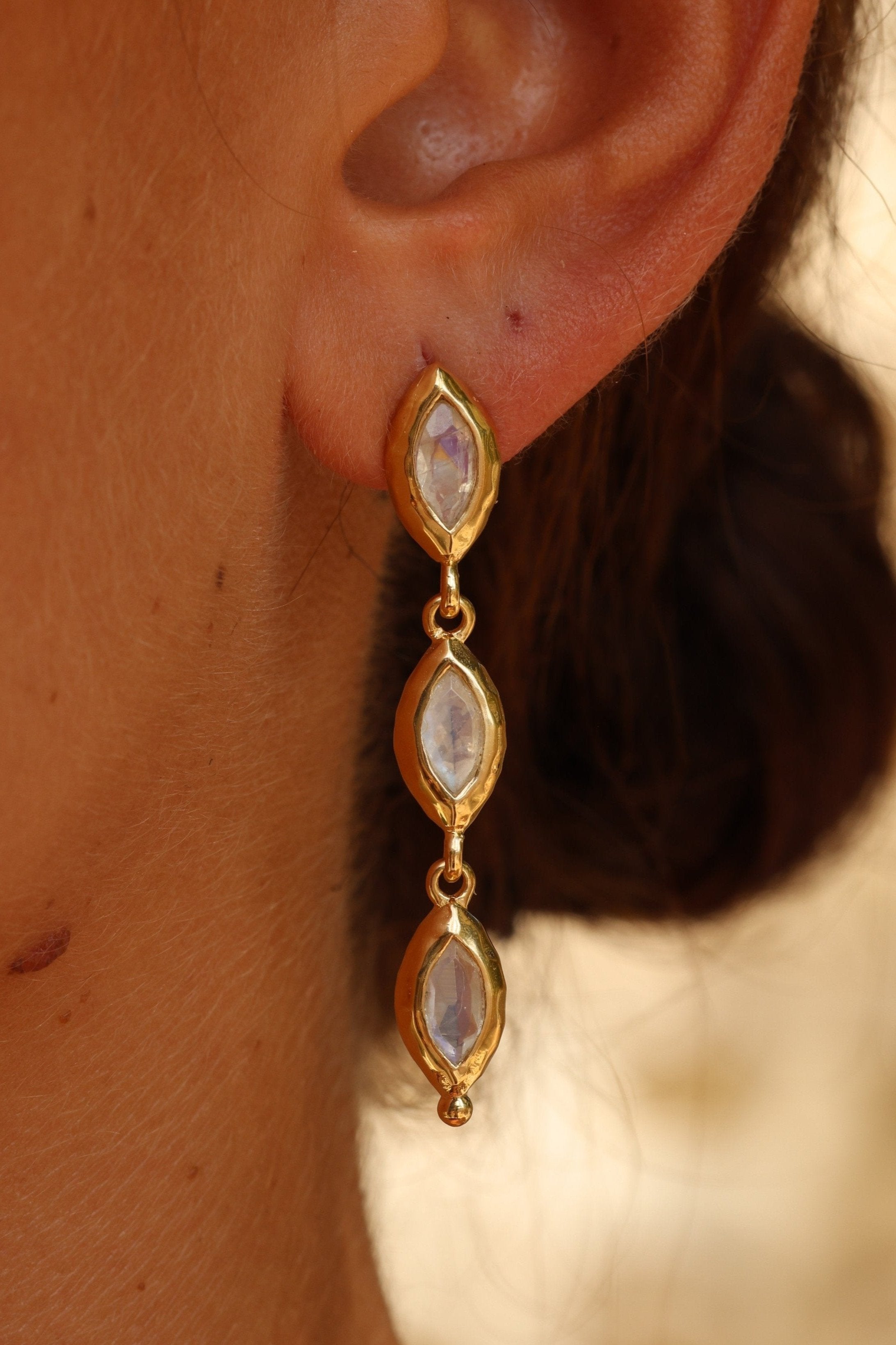 Isabella Marquise Moonstone Gold Earrings for Women - 14K Solid Gold Dangle Earrings with Genuine Moonstone - Perfect for Weddings, Parties & Special Occasions