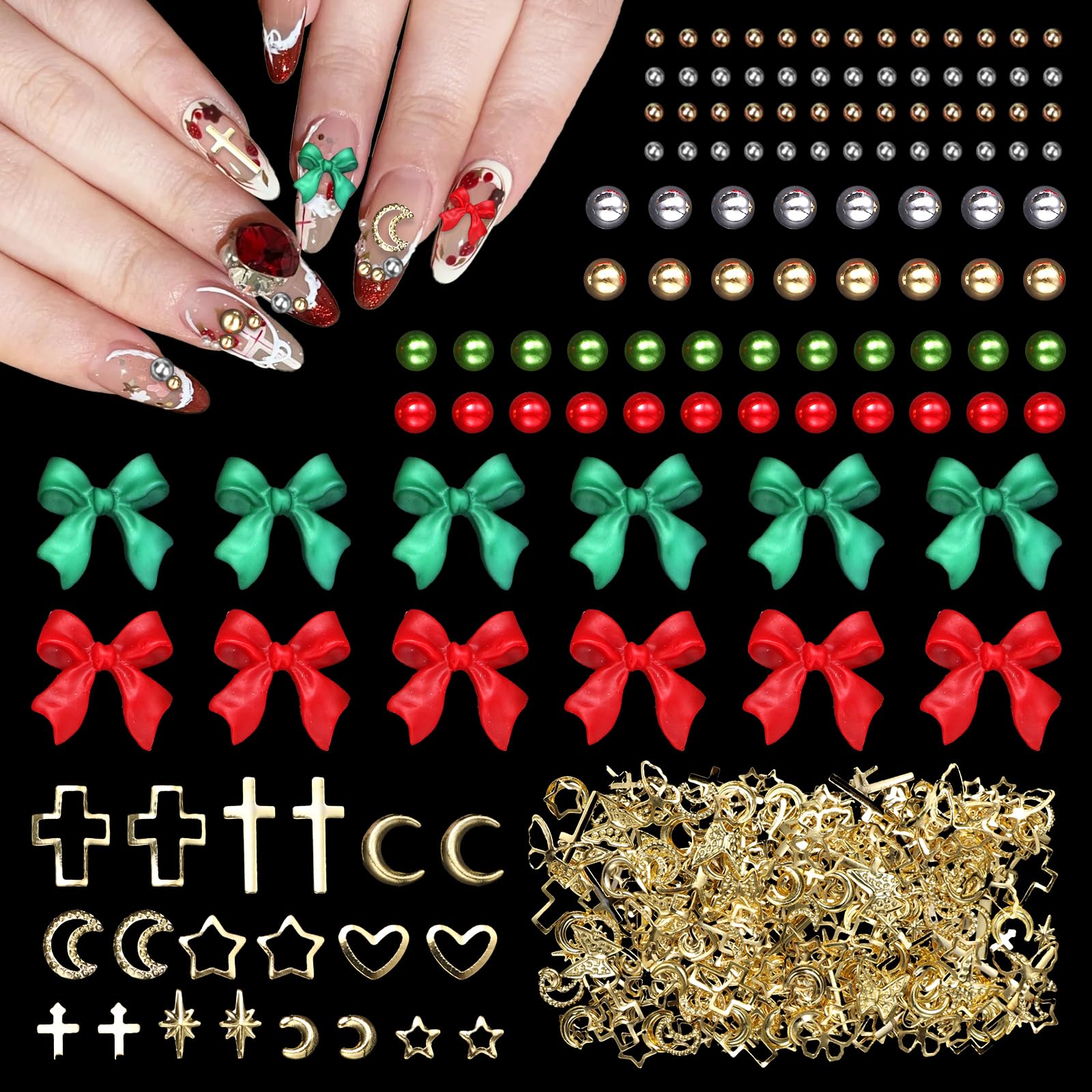 3D Red Bow Nail Charms & Pearls - Silver Gold Nail Caviar Beads, Star Moon Rivet Gems for DIY Nail Art Design | Perfect for Manicures, Salon Nail Decorations & Gift Giving