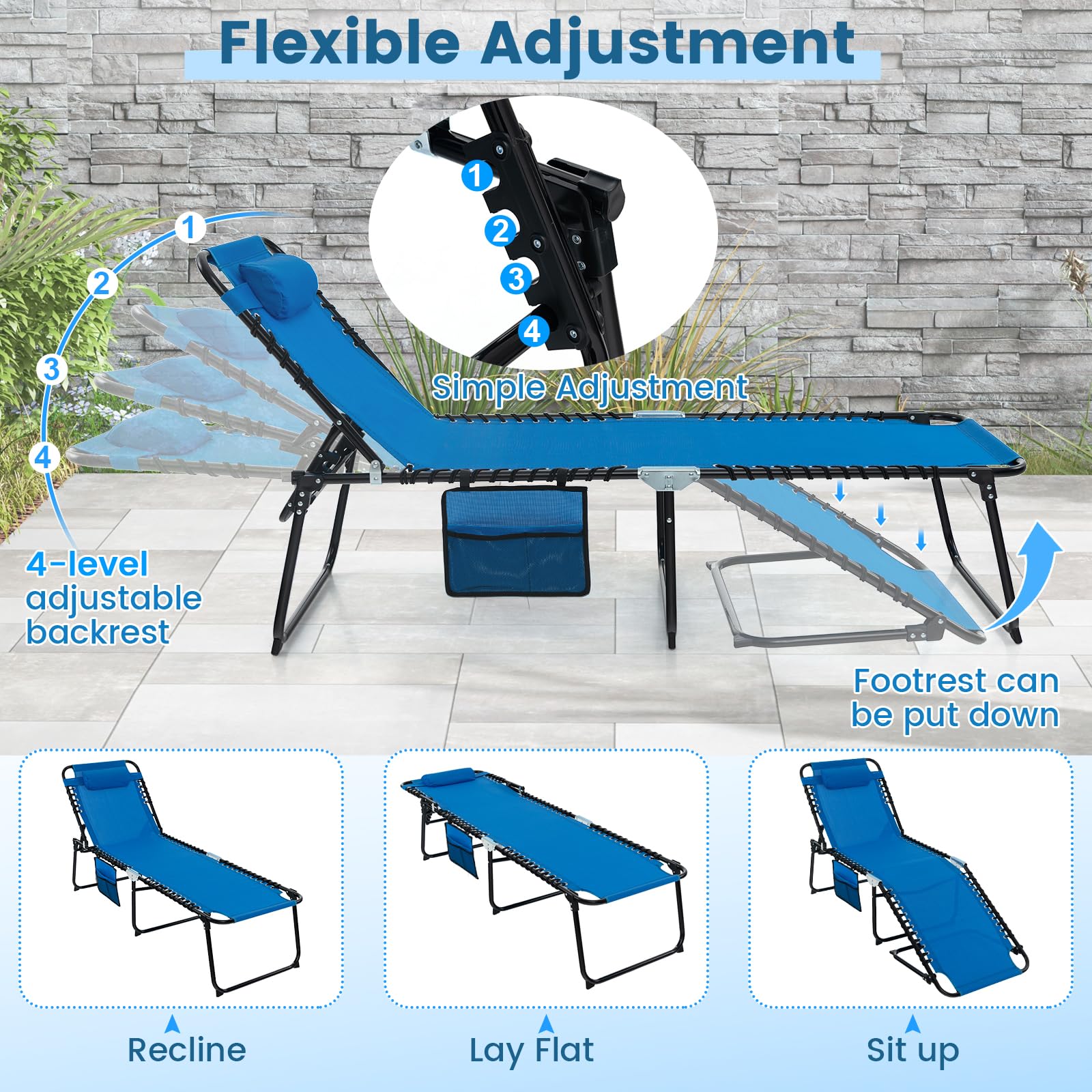 Goplus 5-Position Adjustable Chaise Lounge Chair with Detachable Pillow & Side Pocket - Outdoor Folding Beach Chair for Tanning, Patio, Lawn, Pool & Yard - Perfect for Sunbathing, Relaxing by the Pool or Backyard Lounging