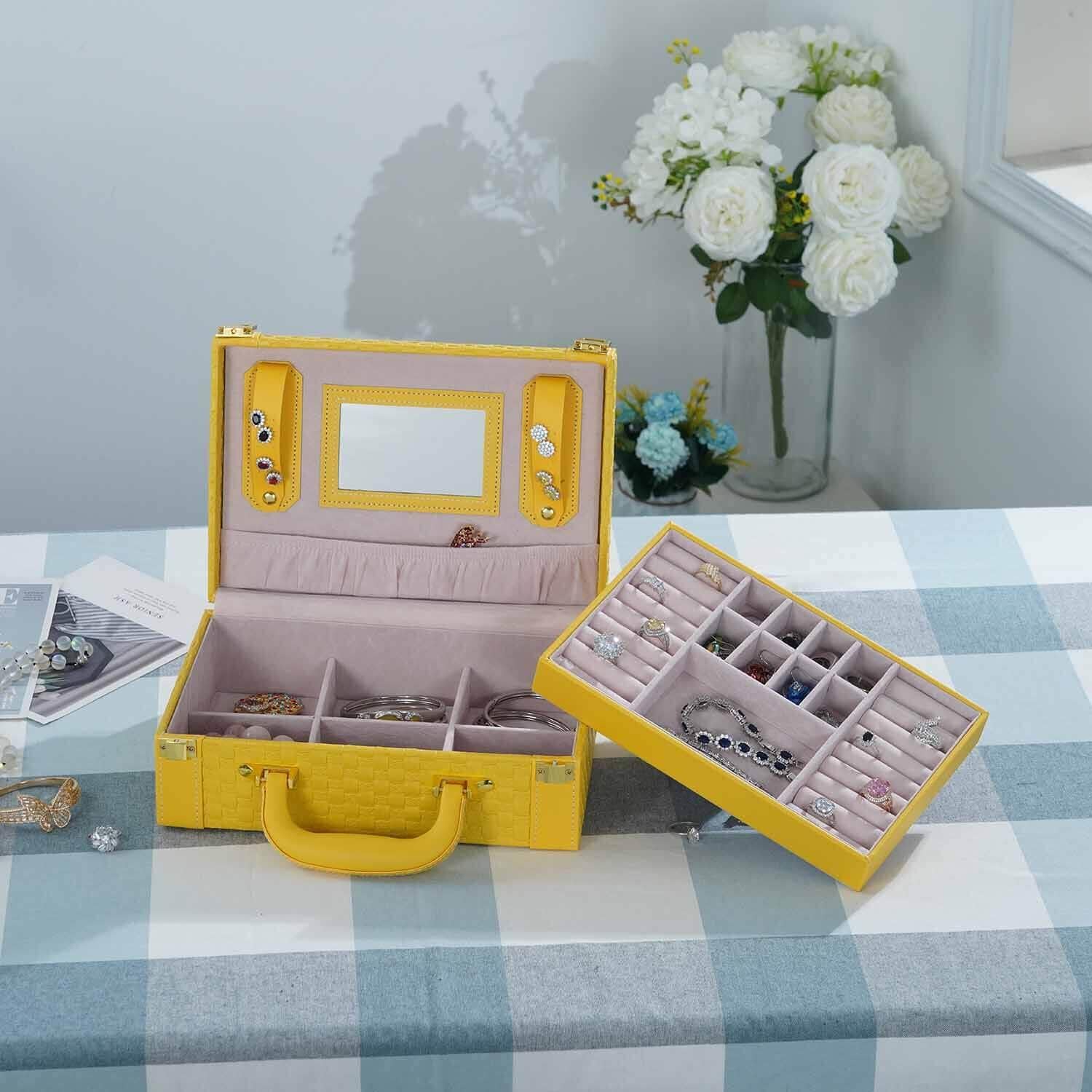 Shop LC Jewelry Organizer - Woven Texture Faux Leather Briefcase Style Box with Handle & Lock - Perfect for Birthday Gifts, Travel & Jewelry Storage (Yellow)