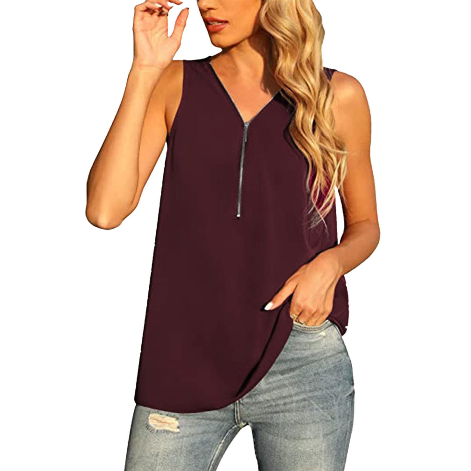 Women's Graphic Tank Tops - Cute Summer Sleeveless V-Neck Blouses with Zipper Placket, Loose Fit Casual Vest Shirts for Beach, Gym & Everyday Wear