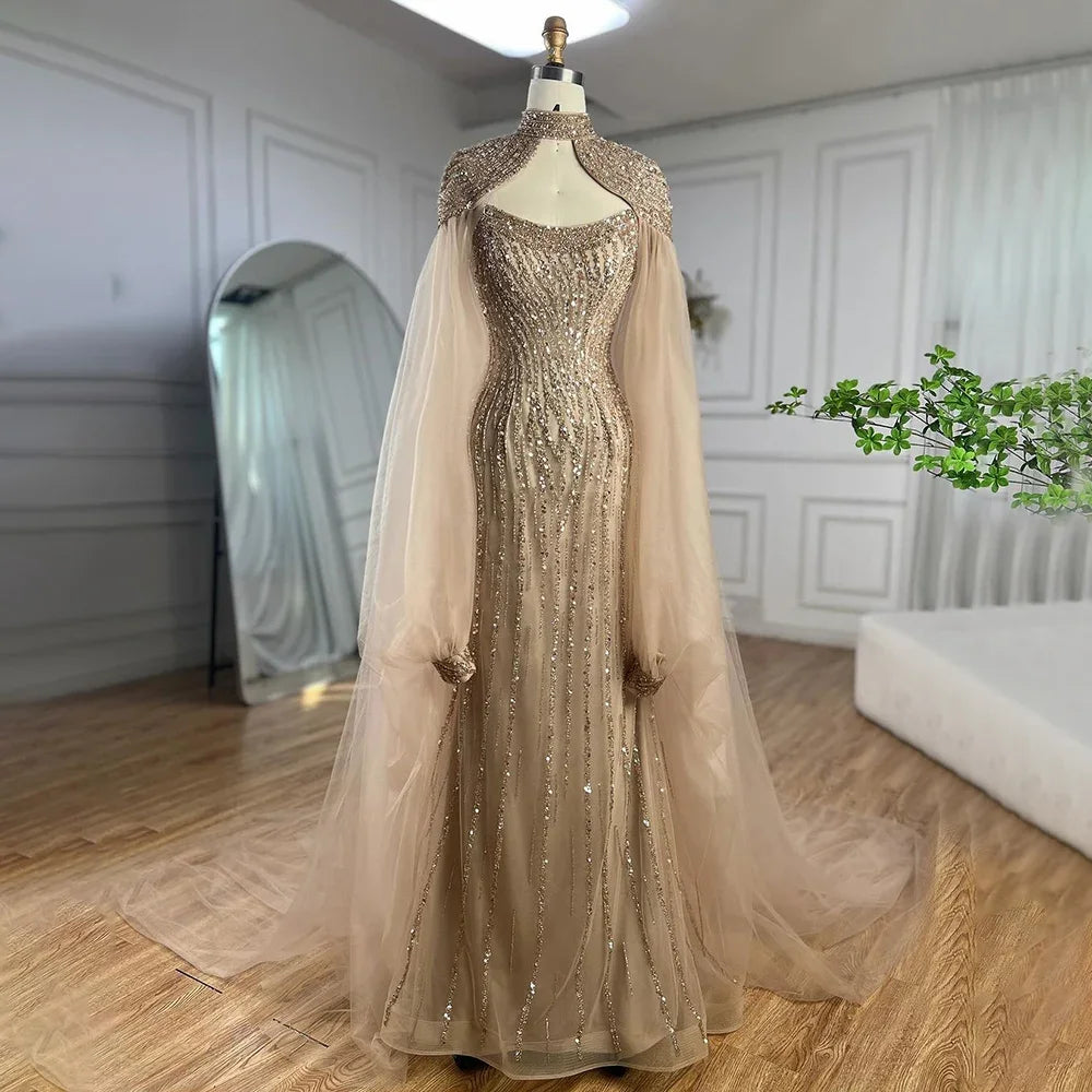 Luxury Beaded Pearl Mermaid Evening Gown for Women - Serene Hill Dubai Caramel Long Cloak Wedding Party Dress LA72223 | Elegant Formal Wear for Bridal, Prom & Special Occasions