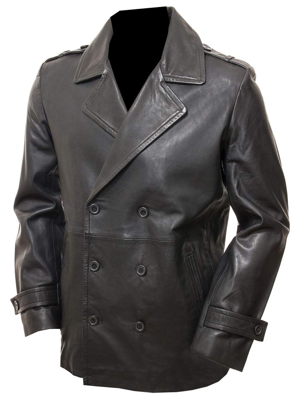 Premium Genuine Leather Double Breasted Peacoat for Men - Smart Black Winter Jacket, Plus Size Available | Formal Wear, Office Attire & Special Occasions