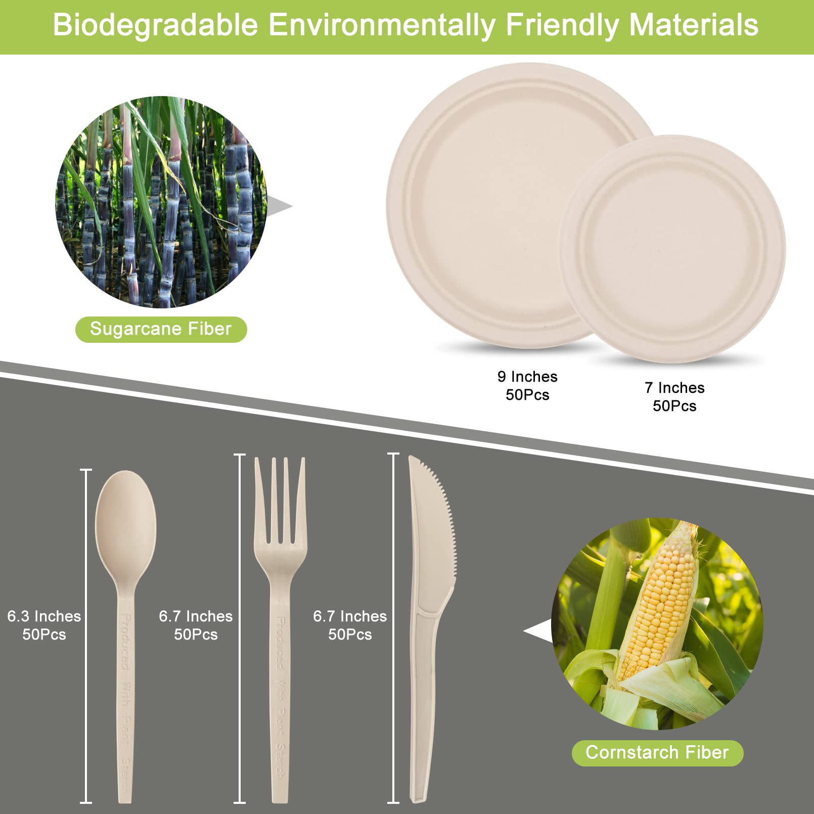 250-Piece Biodegradable Paper Plates Set with Extra Long Utensils | Eco-Friendly Sugarcane Fiber Disposable Dinnerware | Compostable Plates, Forks, Spoons & Knives for Parties, Camping, Picnics & Outdoor Gatherings