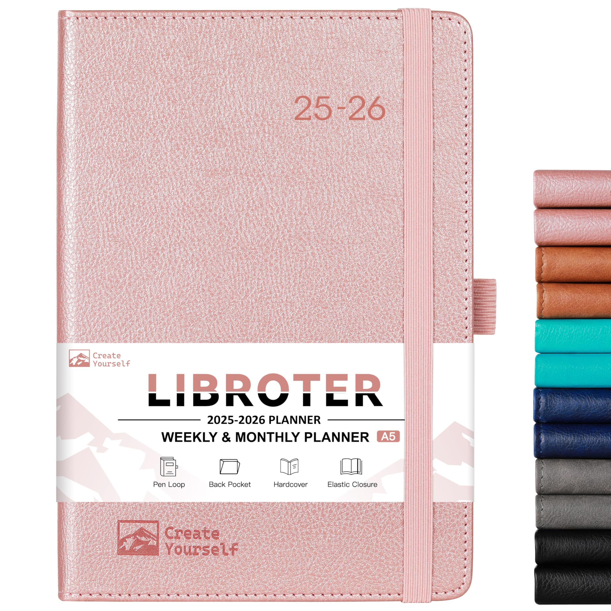 2025-2026 Academic Planner - Weekly & Monthly Planner from July 2025 to June 2026, 5.7'' x 8.4'' Compact Size with Thick Paper, Leather Cover, Pen Holder & Back Pocket - Rose Gold - Perfect for Students, Professionals & Daily Organization