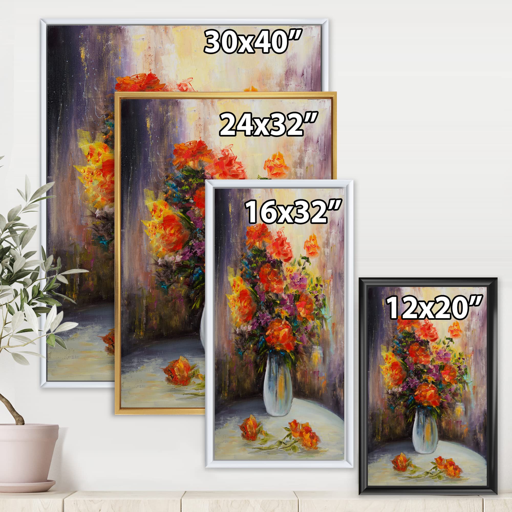 DesignQ Still Life Bouquet with Red & Yellow Flowers - Traditional Framed Canvas Wall Art Print - Perfect for Living Room, Bedroom & Office Decor