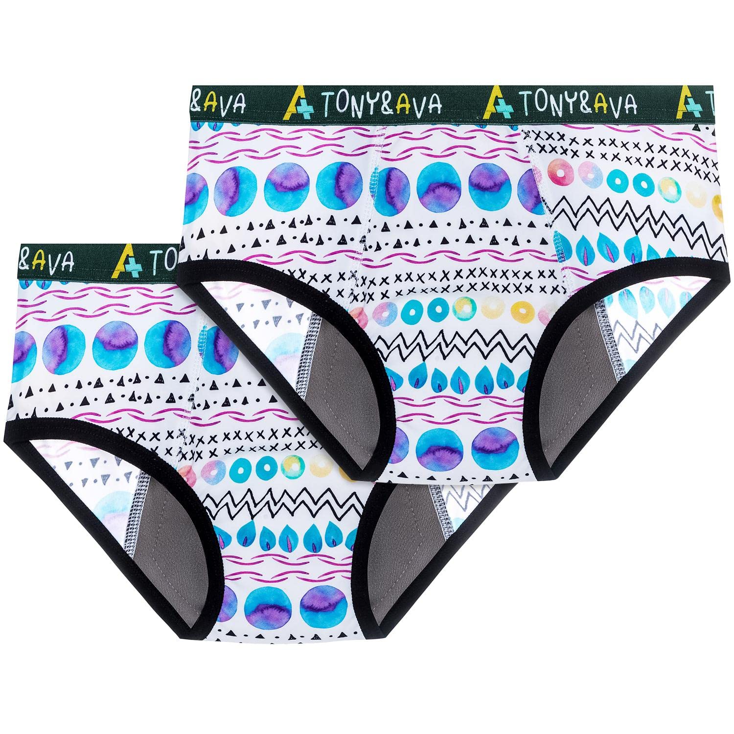 Tony and Ava 2-Pack Girls' Potty Training Underwear - Moisture-Wicking Incontinence Panties with Tribal Print - Perfect for Daycare, Preschool & Home Use