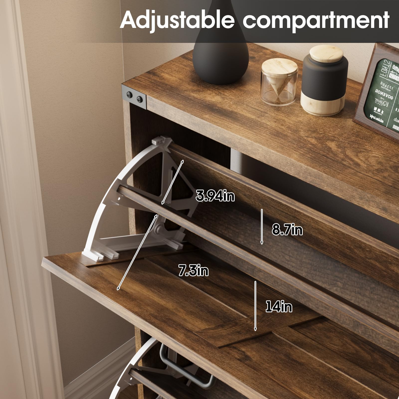 Farmhouse Style Slim Shoe Cabinet with 2 Flip-Up Drawers - Narrow Entryway Storage Organizer for Hidden Shoes - Brown Wooden Shoe Rack - Perfect for Small Spaces, Hallways, and Closet Organization