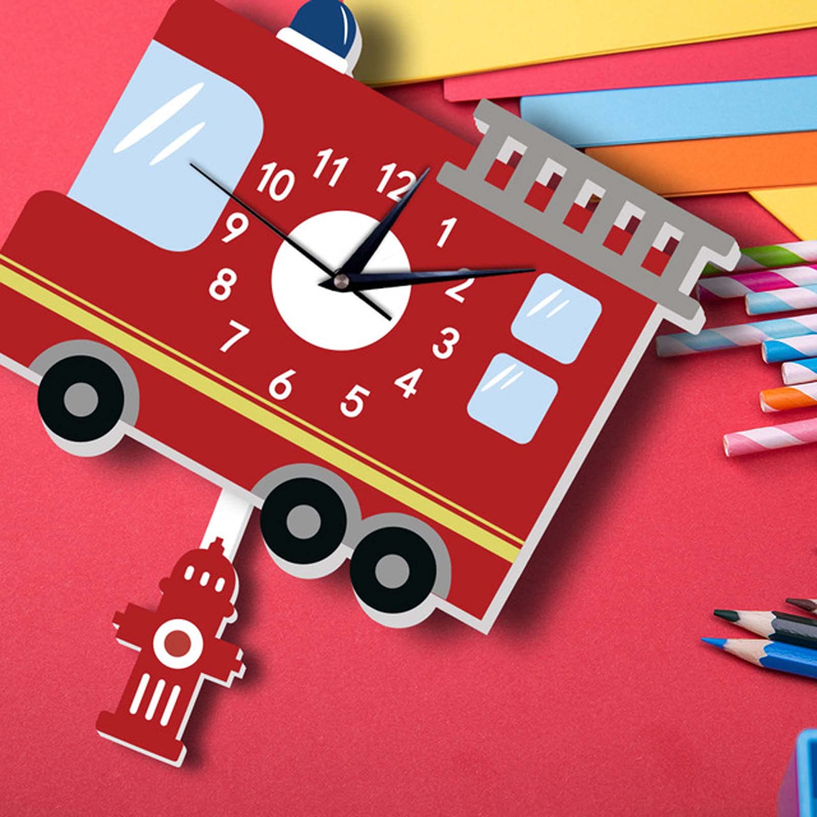 Nordic Style Pendulum Wall Clock - Cartoon Mute Silent Non-Ticking Wall Clock with Fire Truck Design for Kids Room, Nursery, Playroom & Home Decor