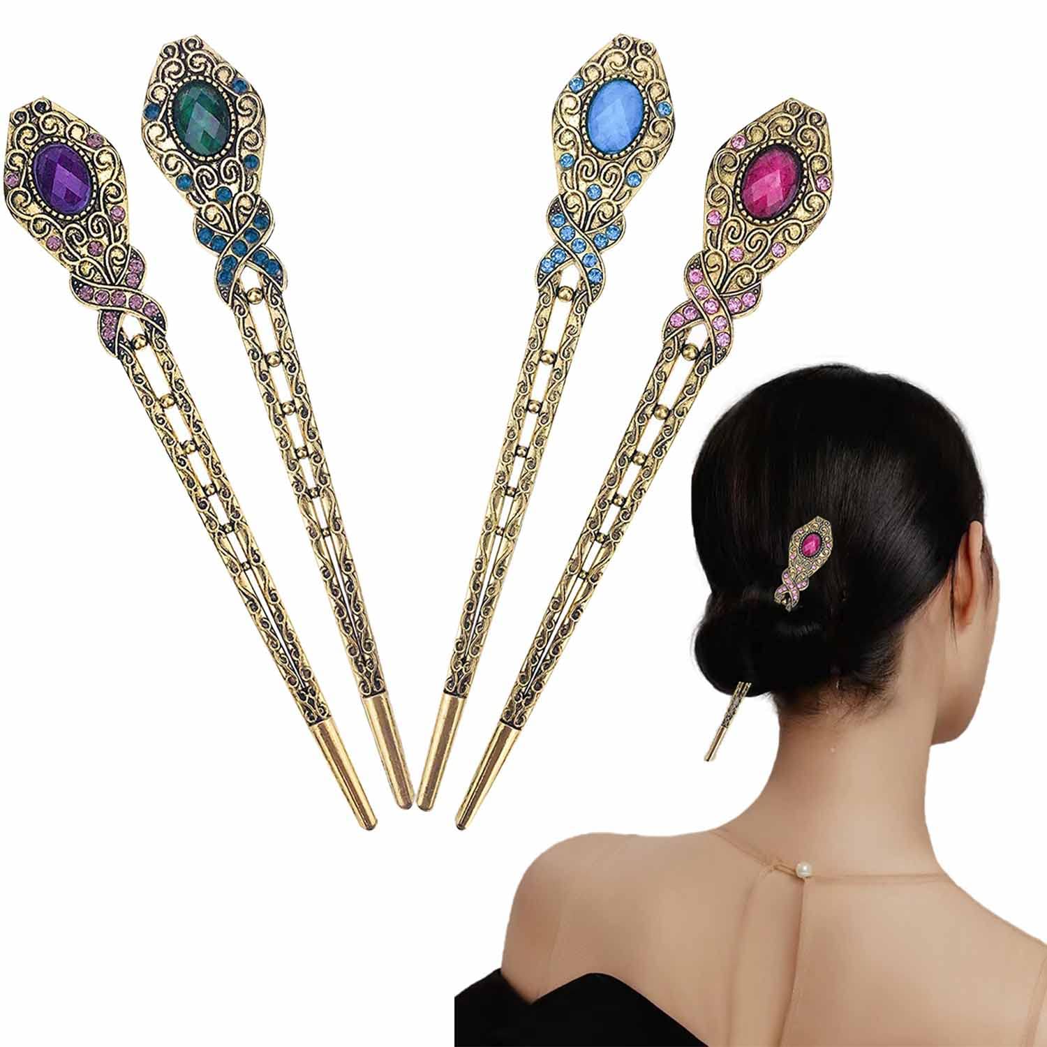 4 Pcs Vintage Rhinestone Hair Chopsticks - Elegant Hair Clip & Chignon Pin for Women - Floral Hairpin & Metal Hair Stick - Perfect for Weddings, Parties & Special Occasions