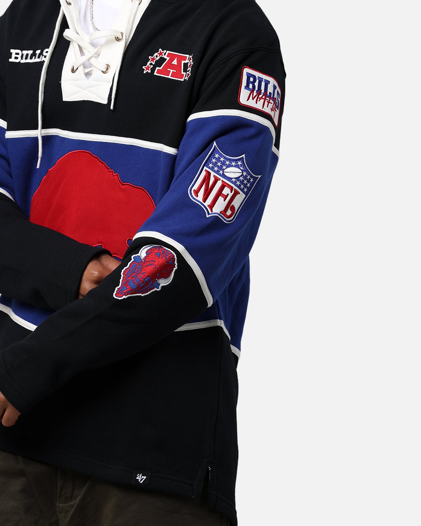 47 Brand Buffalo Bills NFL Legacy Lacer Hoodie for Men - Jet Black Pullover Sweatshirt with Team Logo - Perfect for Game Day, Tailgating & Casual Wear