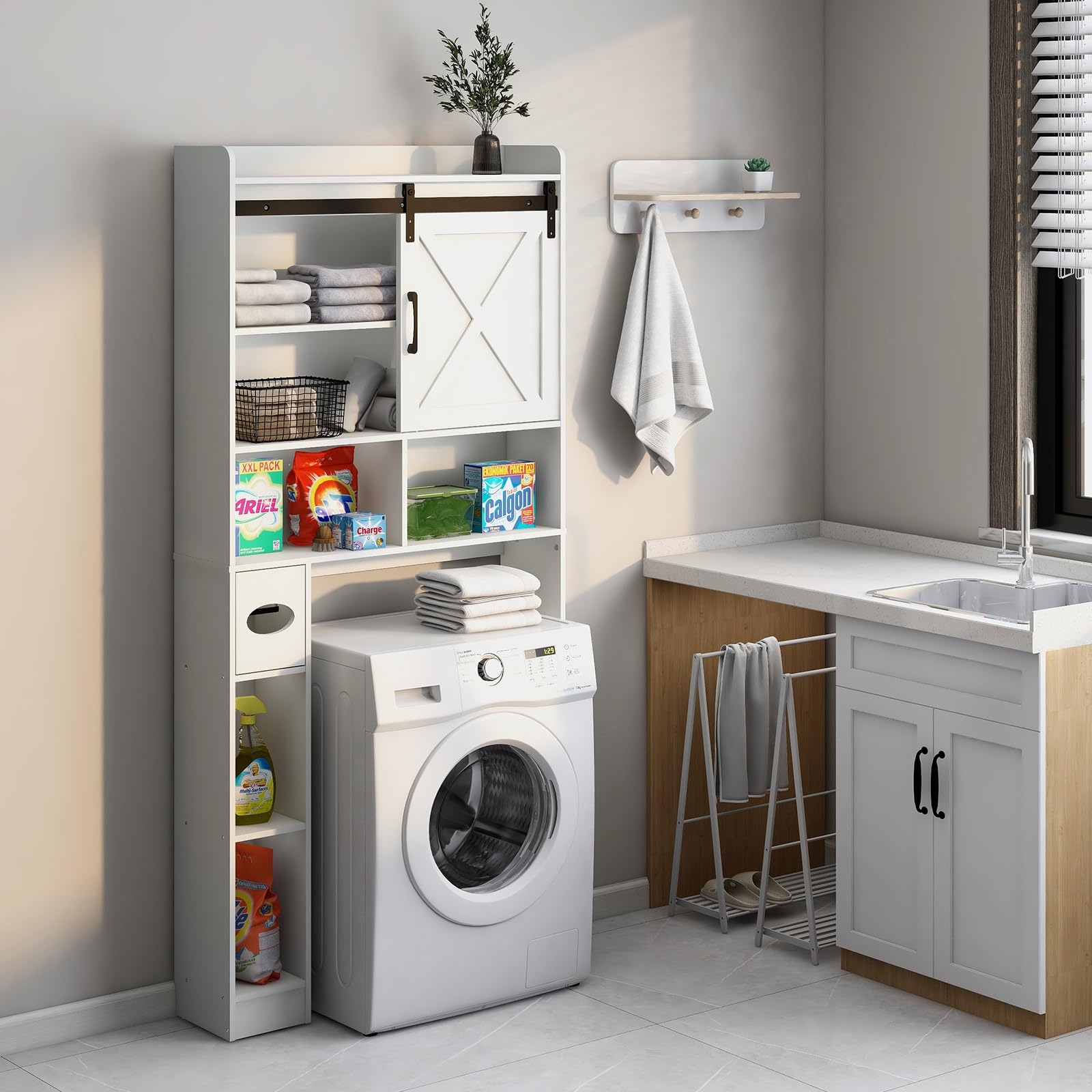 Farmhouse Over The Toilet Storage Cabinet with Sliding Barn Door & Toilet Paper Holder - Space-Saving Bathroom Organizer for Restroom, Laundry Room, and Small Bathroom Storage Solutions | Perfect for Apartments, Dorms, and Compact Spaces