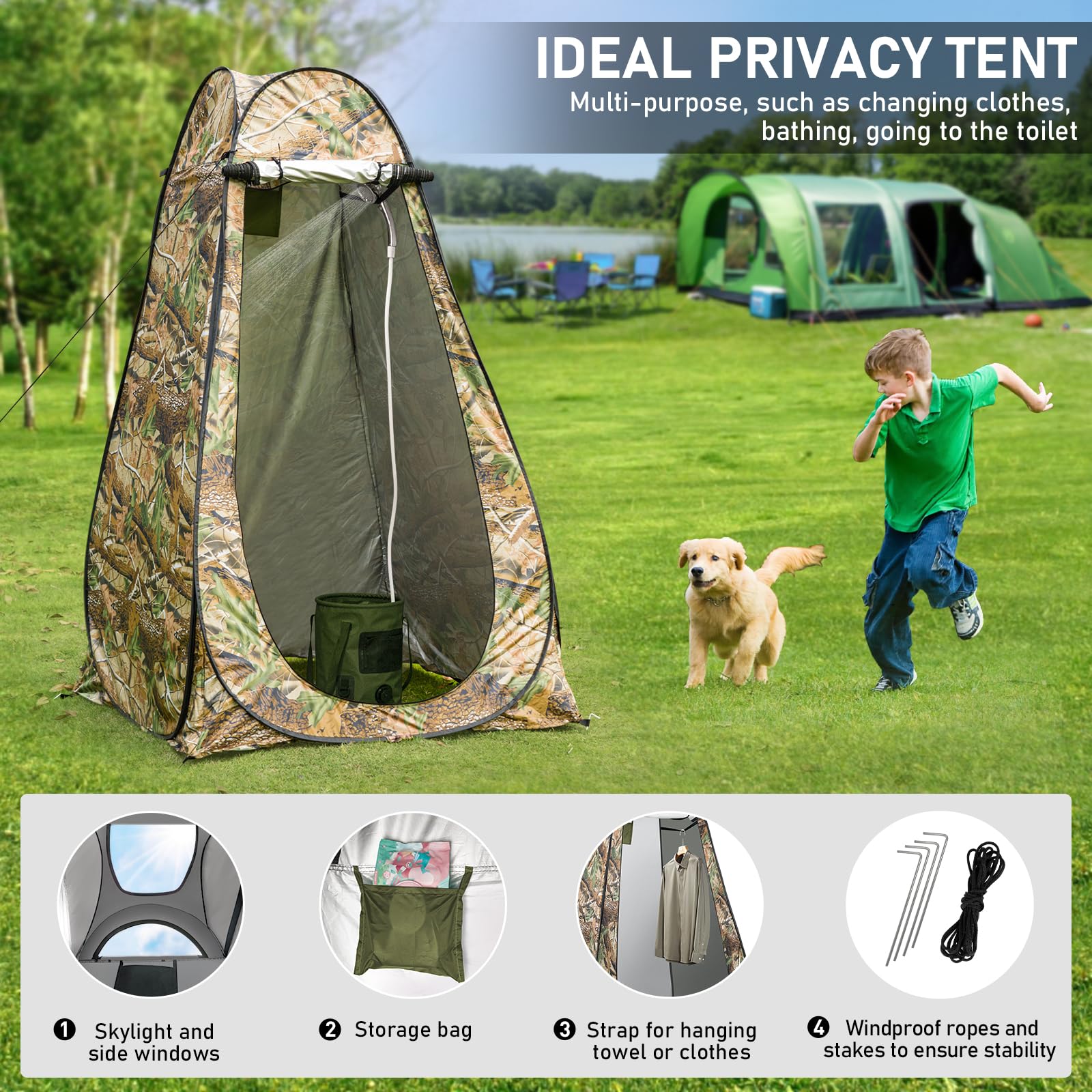 Portable Camping Shower Tent with Rechargeable Pump & 6.6 Gallon Foldable Bucket - Pop Up Privacy Shower Kit with LED Lights for Outdoor Hiking, Backpacking & RV Trips | Perfect for Beach, Camping & Emergency Use