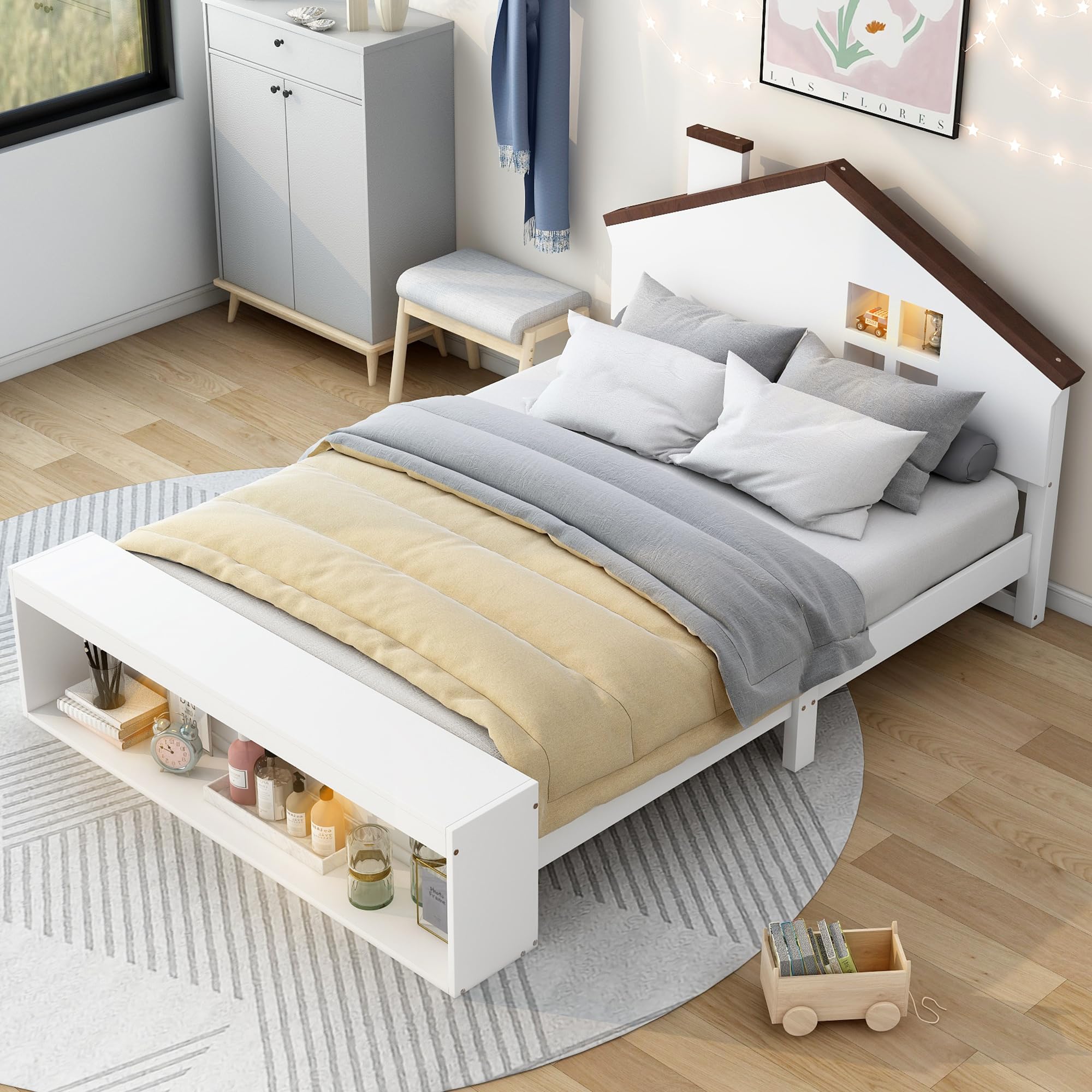 Bellemave Full Size House Bed Frame with LED Lights and Storage - Wooden Platform Bed for Kids, Teens, Boys & Girls - No Box Spring Needed - White - Perfect for Bedrooms, Playrooms & Sleepovers
