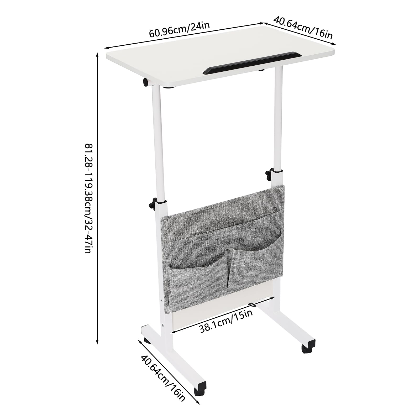 Height Adjustable Standing Desk with Wheels - 24 Inch Portable Rolling Computer Desk with Storage Bag, Mobile Laptop Cart (32-47 Inch Adjustable Height, 22lbs Capacity, White) - Perfect for Home Office, Small Spaces & Remote Work