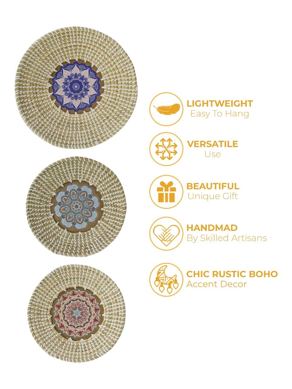 Set of 3 Boho Woven Hanging Wall Baskets - Natural Rattan & Seagrass Wicker Decor for Home, Kitchen, or Office - Perfect for Fruit Bowls, Serving Trays, and Decorative Wall Plates