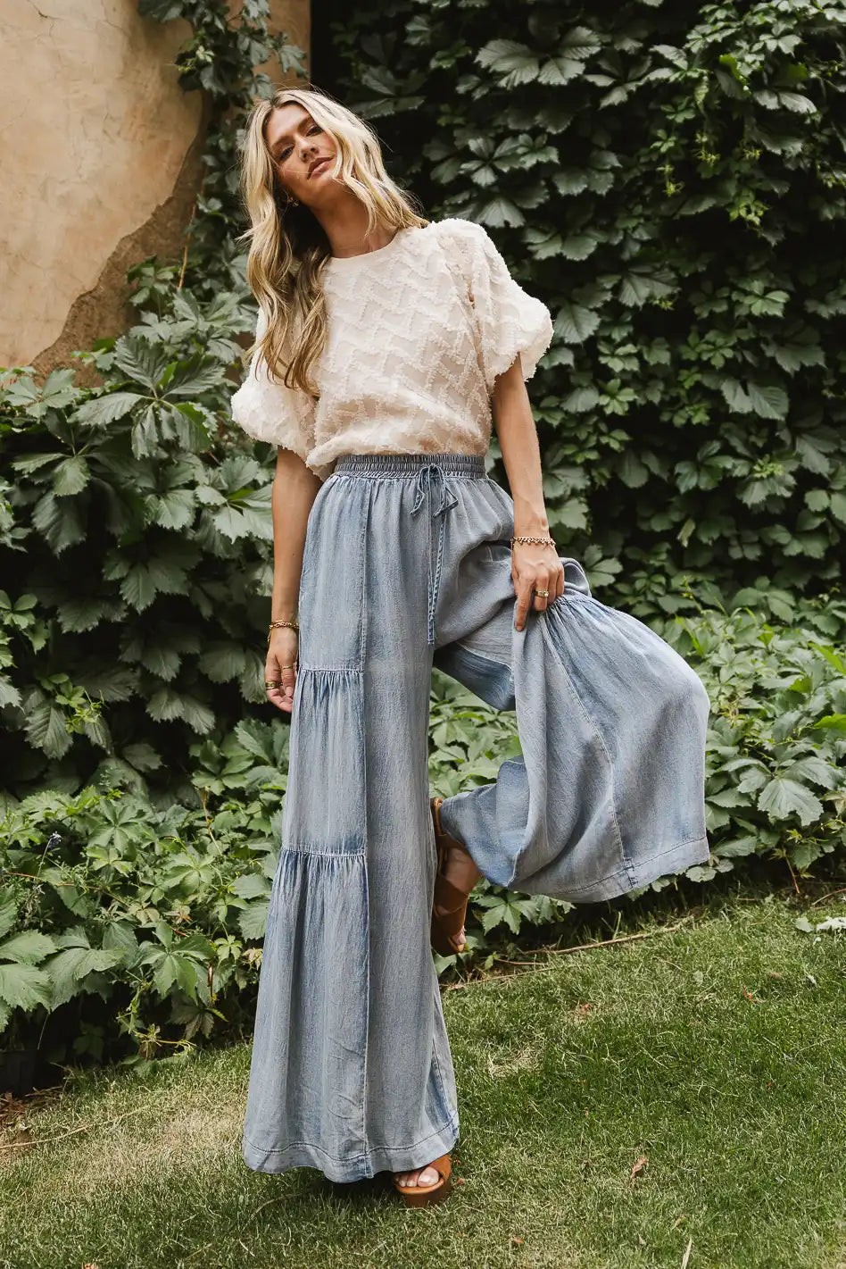 Nola Gathered Pants for Women - High Waisted Elastic Waistband Wide Leg Trousers - Comfortable Casual Office Pants for Work, Travel & Everyday Wear