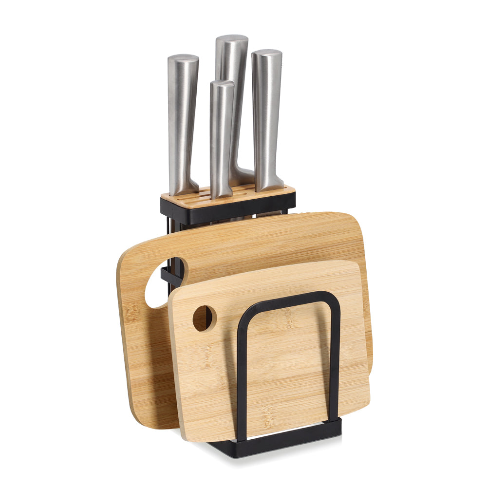 Premium Knife Block and Cutting Board Stand Set - Durable Metal & Bamboo Construction in Sleek Black | Perfect for Kitchen Organization & Safe Knife Storage