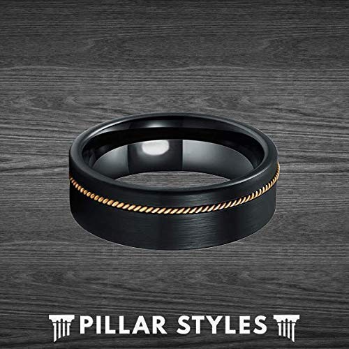 8mm Black Tungsten Guitar String Ring for Men - Offset Bronze Guitar Inlay, Comfort Fit Wedding Band - Perfect Gift for Guitarists & Musicians - Ideal for Performances, Weddings, and Everyday Wear