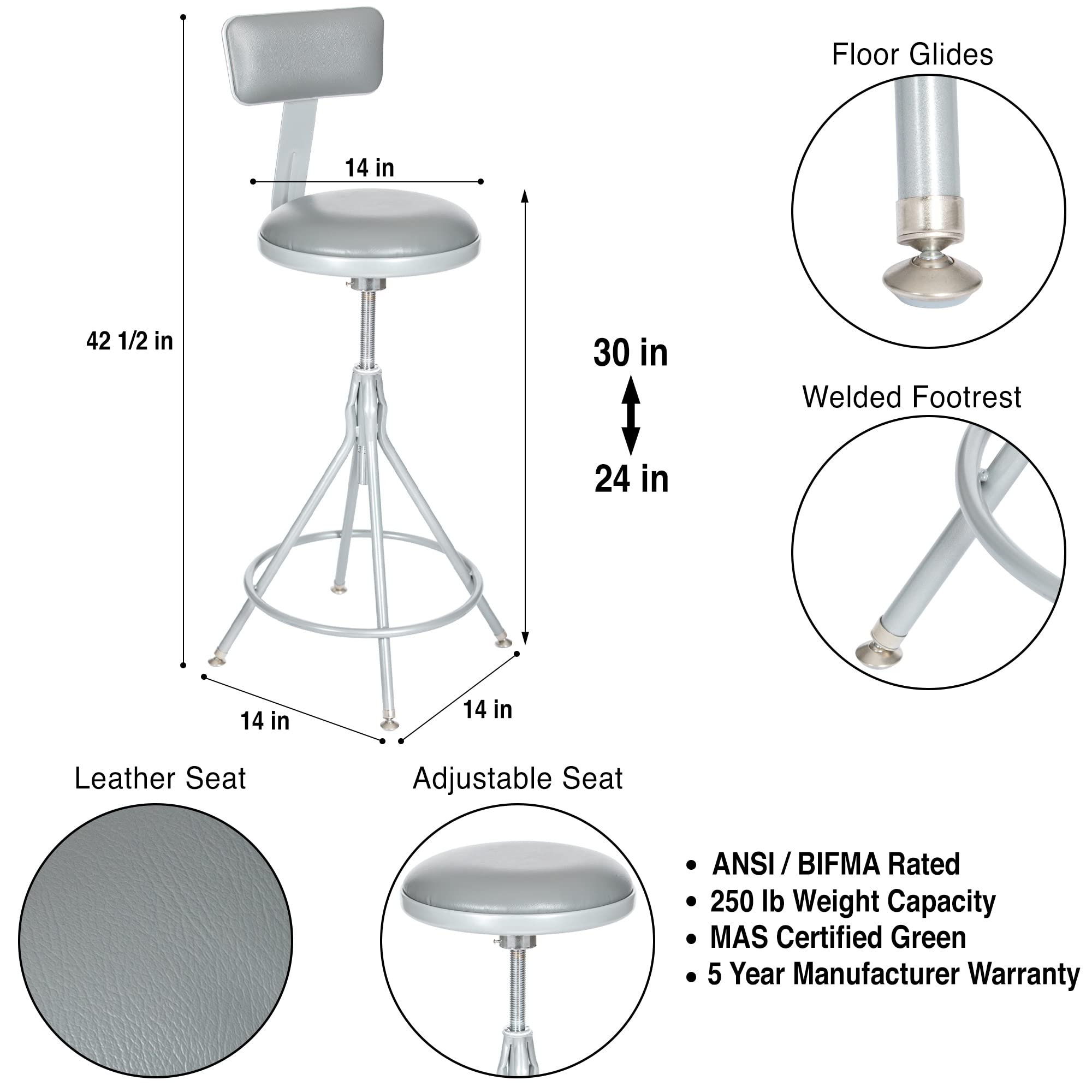 Adjustable Swivel Bar Stool with Backrest & Padded Seat - 24-30