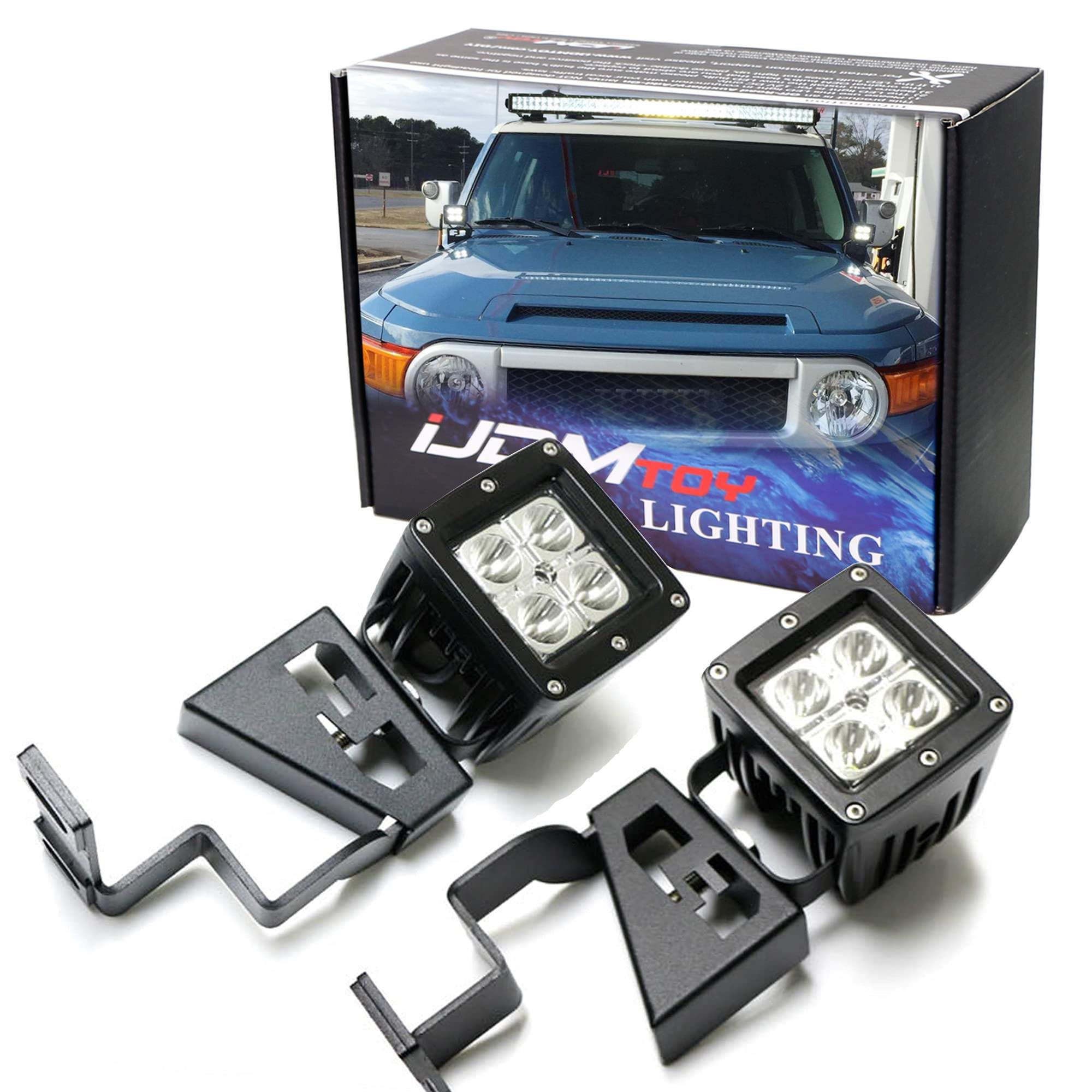 iJDMTOY 20W High Power LED Front Cowl Light Kit for 2007-2014 Toyota FJ Cruiser - Includes 2 LED Pod Lights & A-Pillar Mounting Brackets - Perfect for Off-Roading, Night Driving & Adventure Lighting