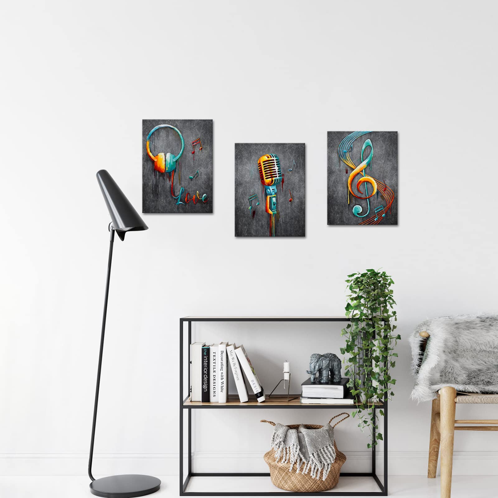 3-Piece Music-Themed Wall Art Set - Microphone & Headphone Note Canvas Prints (12x16 Inch) | Modern Home & Studio Decor | Ready-to-Hang Framed Art for Bedroom, Living Room & Music Studio