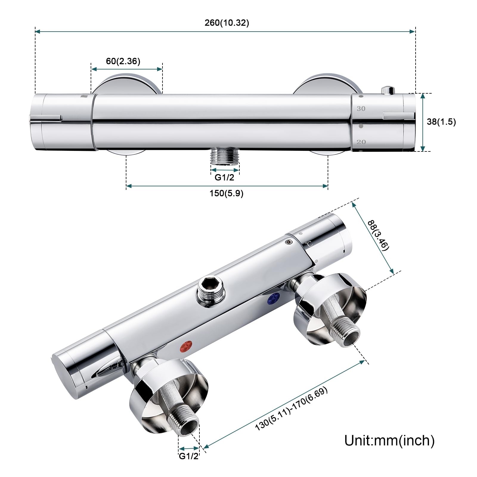 BONADE Thermostatic Shower Mixer Tap with 38°C Safety Button - Chrome Surface-Mounted Bathroom Shower Mixer for Tub & Round Shower - Perfect for Modern Bathrooms & Spa-Like Showers