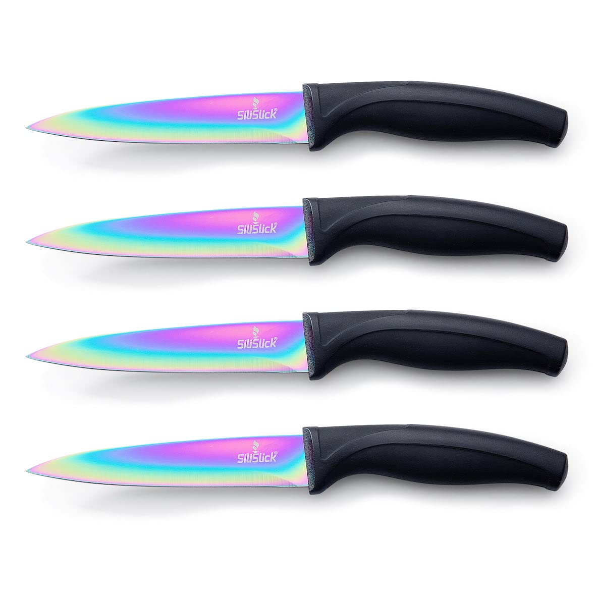 Premium Titanium-Coated Stainless Steel Steak Knife Set - 6-Piece Colorful Straight Edge Kitchen Knives with Razor Sharp Blade - Rainbow Iridescent Cutlery for Steak, Meat, Fruits & Dinner Parties - Ideal Kitchen Gifts & Accessories