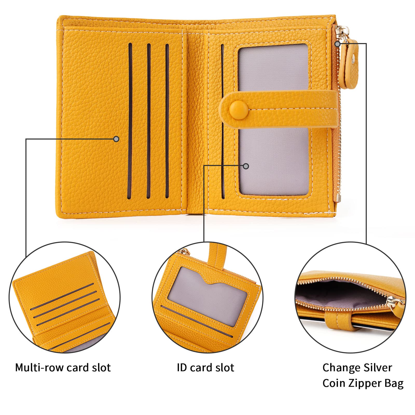 HKCLUF RFID Blocking Leather Wallet for Women - Bifold Zipper Coin Purse with ID Window (Yellow) | Perfect for Travel & Daily Use