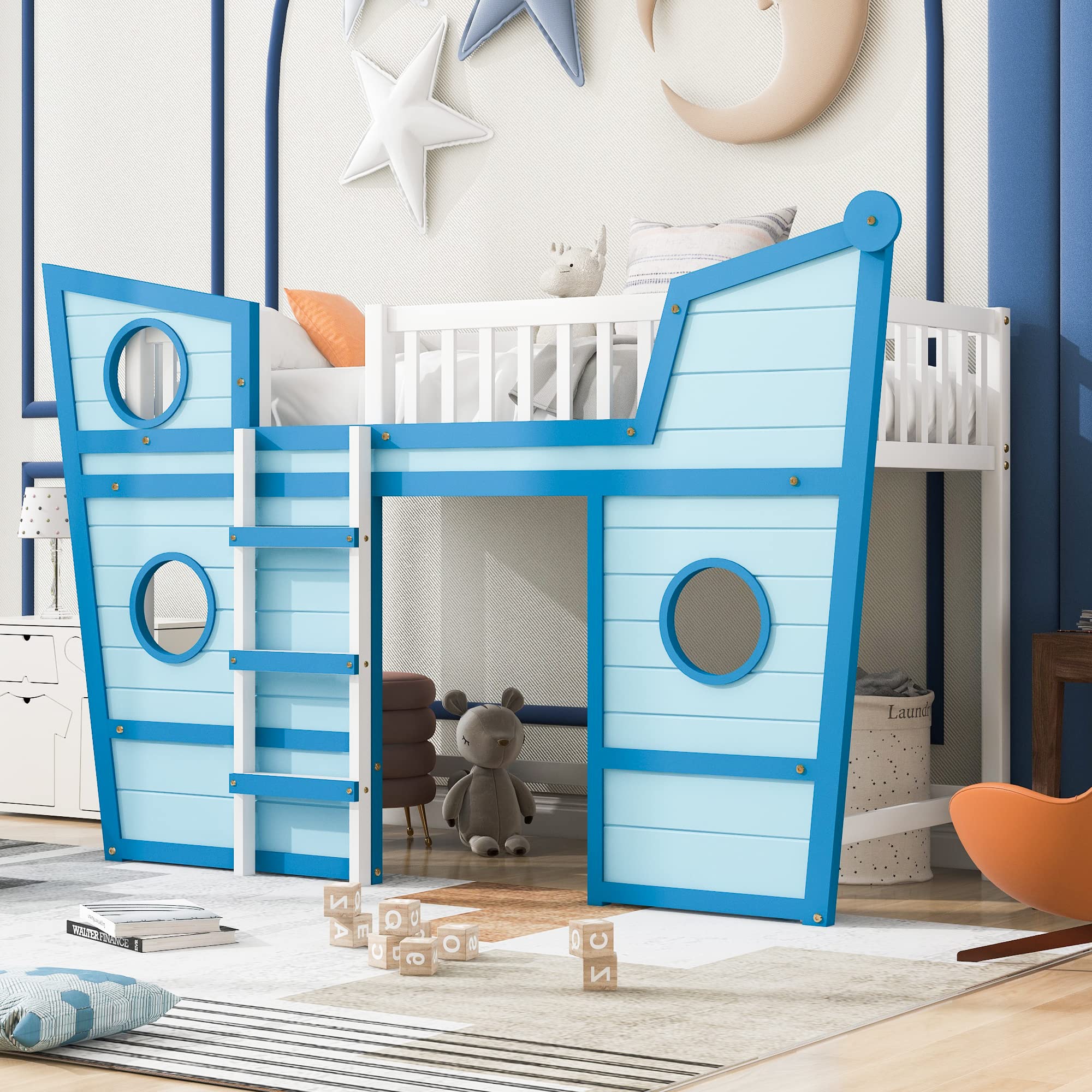 Harper & Bright Designs Twin Size Boat Shaped Loft Bed for Kids & Teens - Sturdy Wood Construction with Safety Guardrails & Ladder - Space-Saving Low Loft Bed for Boys & Girls (Twin, Blue) - Perfect for Small Bedrooms, Dorms & Playrooms