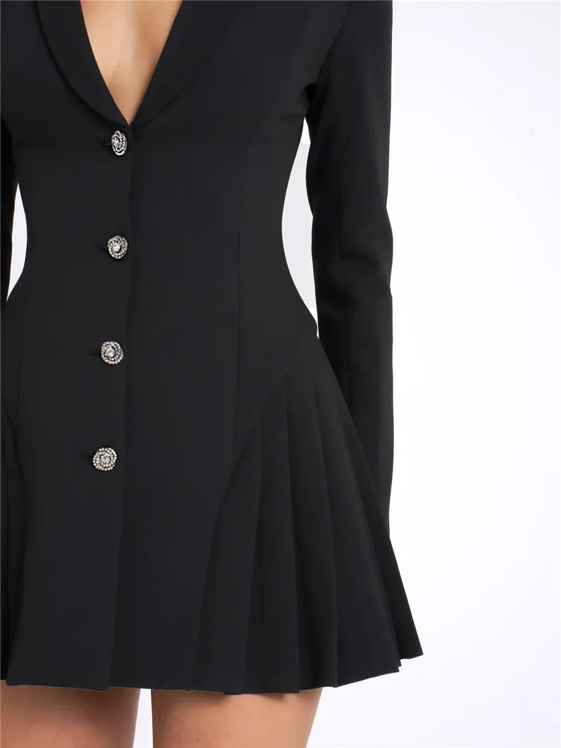 Women's Autumn Black Blazer Mini Dress - V Neck, Single-Breasted, Long Sleeve, High Waist Pleated Sexy Dress for Office, Party & Date Night
