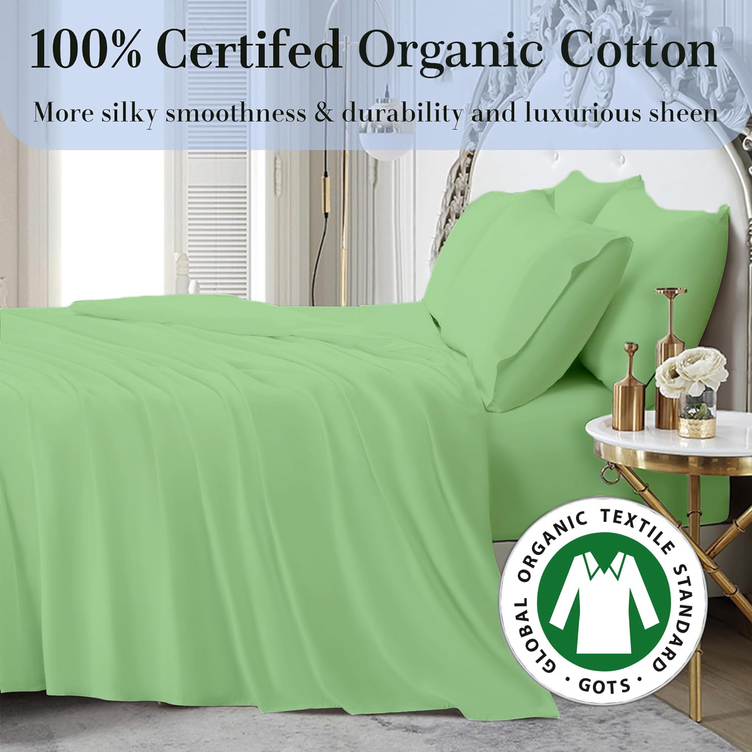 4Pc Twin Size Organic Cotton Sheet Set - 800 Thread Count, Soft & Breathable Luxury Bed Sheets with 8-12