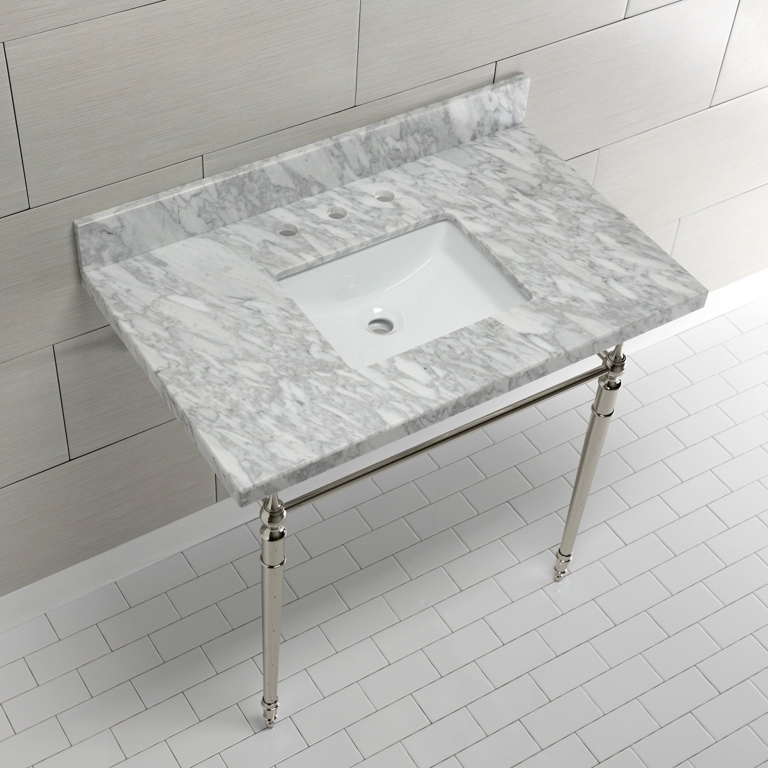36 Inch Edwardian Style Carrara Marble Bathroom Console Sink with Brass Legs - 8 Inch Depth, 3 Hole Faucet Mount for Powder Room, Guest Bath & Luxury Home Decor