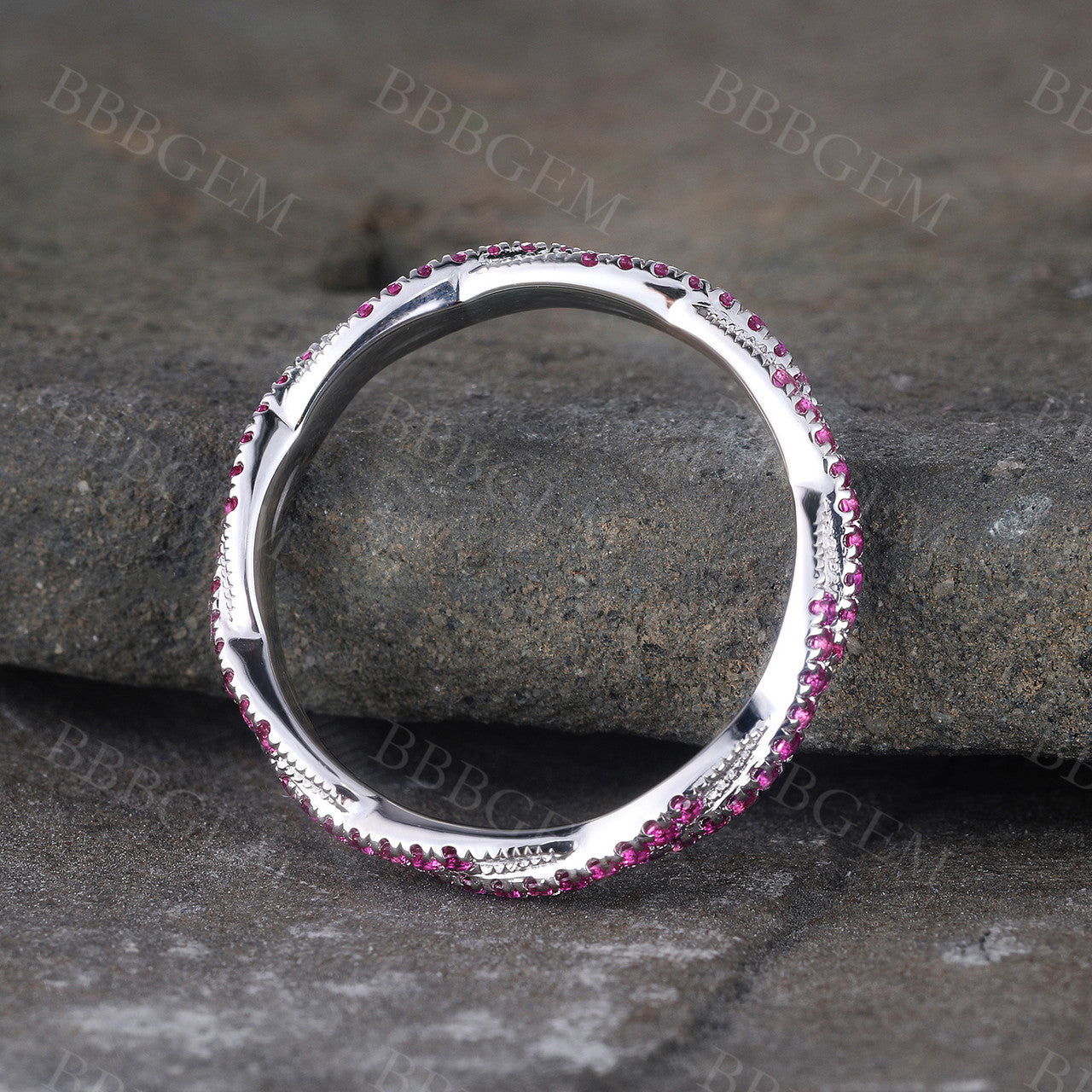 Twisted Ruby Wedding Band - Unique White Gold Ruby Stacking Ring for Women | Perfect for Engagement, Anniversary & Bridal Jewelry Gifts
