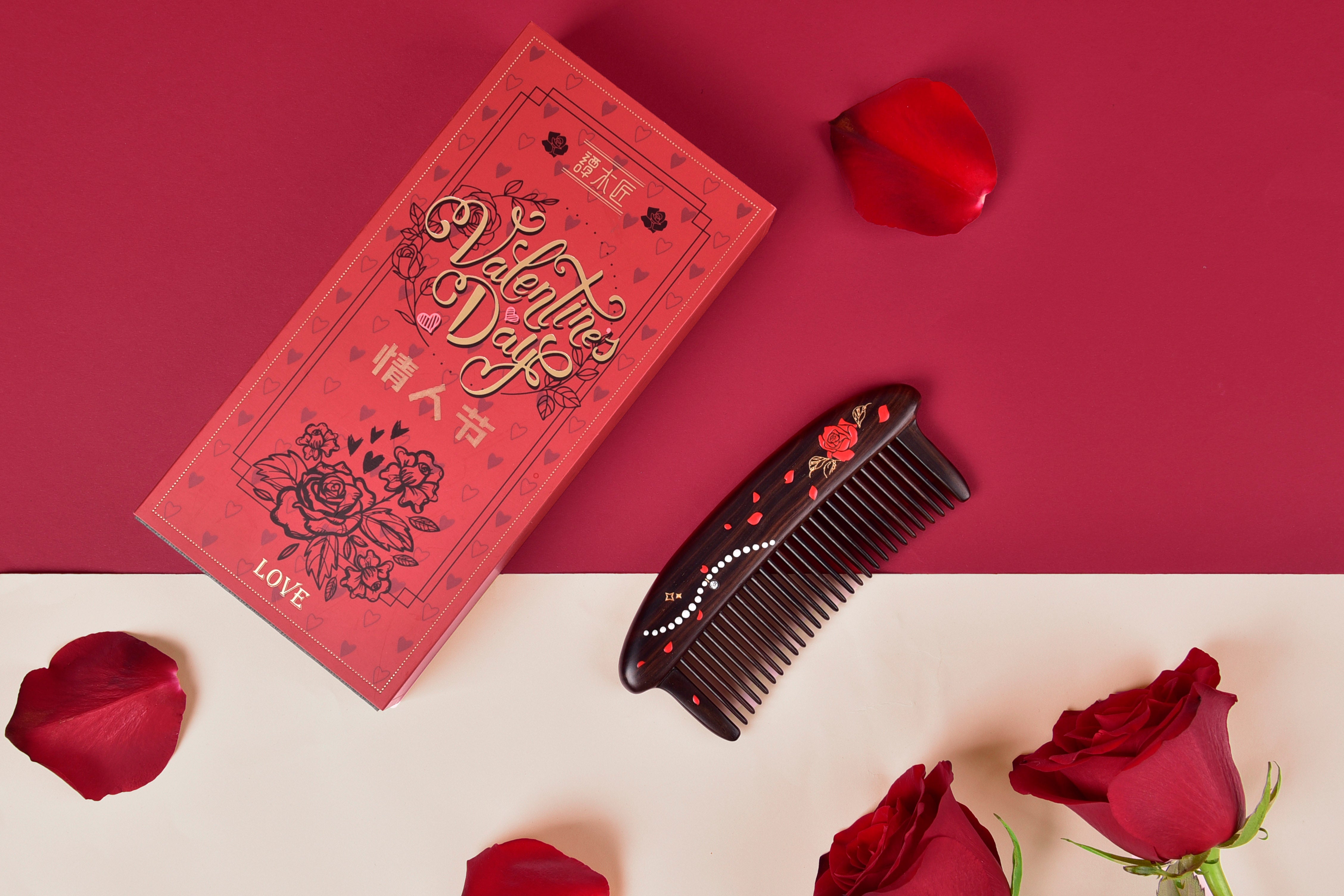 Rose Pattern Wooden Hair Comb for Women - Perfect Gift for Her, Valentine's Day, Anniversary & Special Occasions - Natural Wood Hairbrush for Smoothing & Styling
