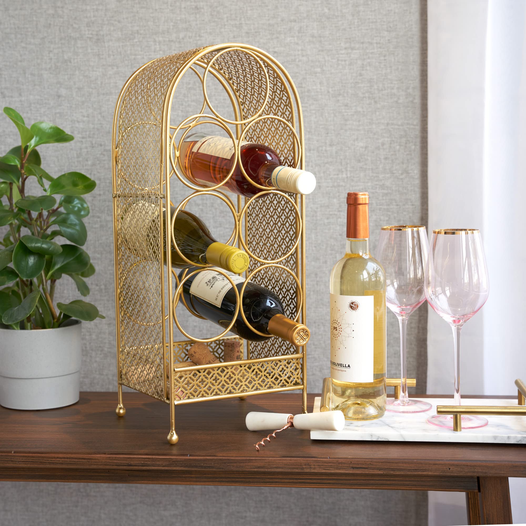 Twine Trellis Wine Rack - Holds 7 Bottles, Gold Countertop Wine Storage Organizer, Durable Cast Iron Design - Perfect for Kitchen Counter, Bar, Dining Room & Wine Cellar Decor