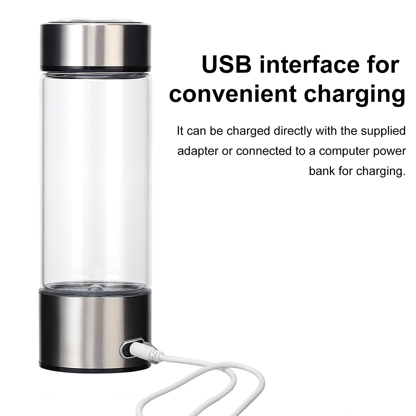 Hydrogen Water Bottle - Portable Hydrogen Rich Water Generator with 3-Min Quick Electrolysis, Rechargeable Glass Water Ionizer for Home, Office & Travel (Silver) | Boost Hydration & Wellness On-The-Go
