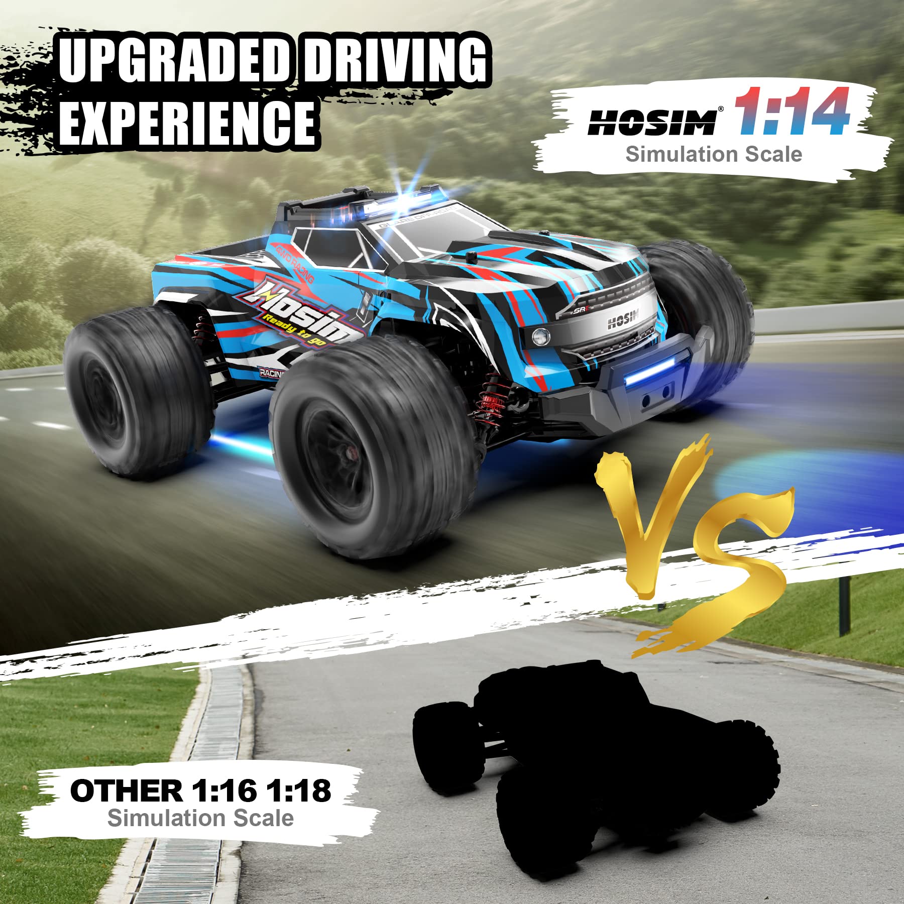 **Hosim 1:14 Scale RC Cars with Colorful LED Lights - 40+ KPH High-Speed Remote Control Car, 4WD Off-Road Waterproof RC Trucks for Boys, Kids & Adults - Perfect for Outdoor Racing, Crawling & Jumping**