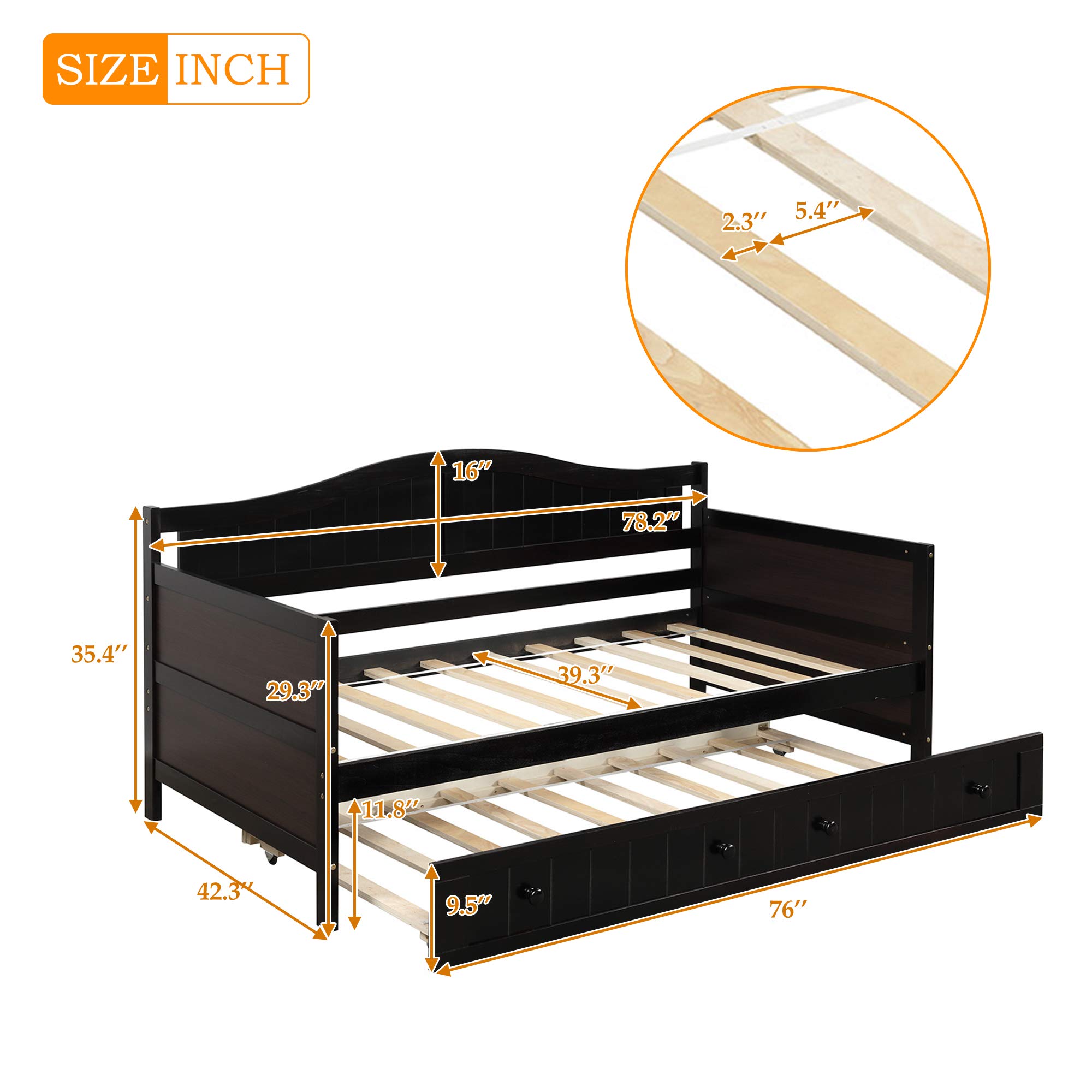 Twin Size Wooden Daybed with Trundle - Convertible Sofa Bed for Kids & Adults - Espresso Finish Twin Bed Frame - Perfect for Guest Room, Dorm, or Small Space - Ships from USA