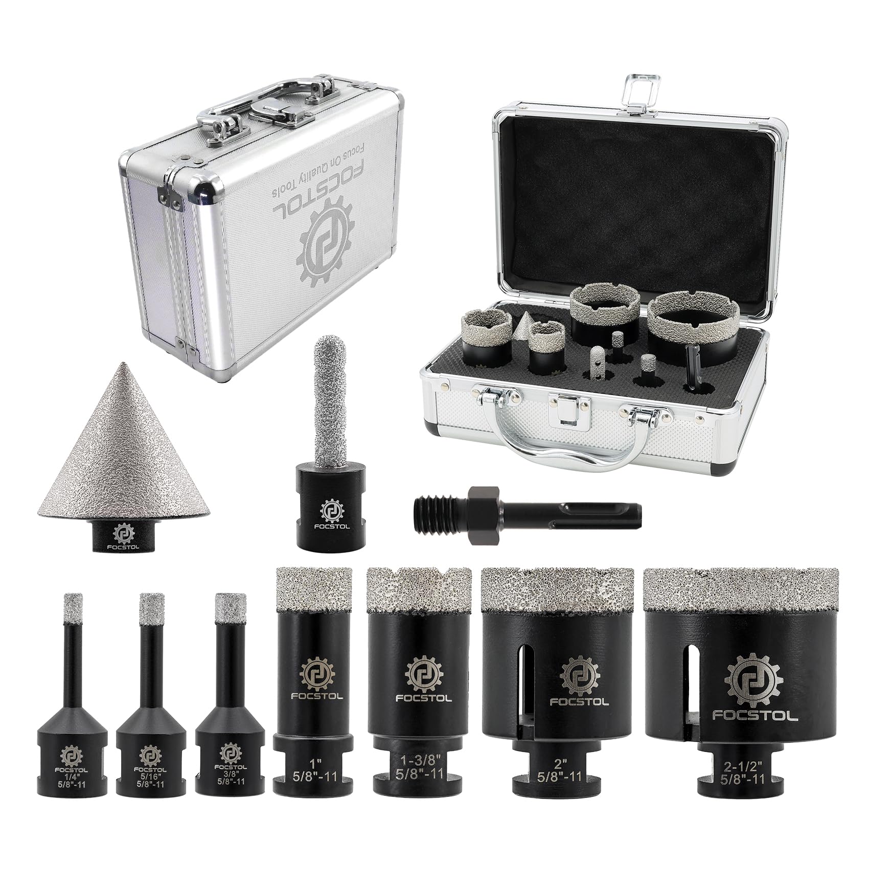 Premium Diamond Core Drill Bit Set - FOCSTOL 10pcs (6/8/10/25/35/51/65mm + 10mm Finger Bit + 50mm Beveling Chamfer Bit + SDS Adapter) for Porcelain, Ceramic Tile, Marble, Granite - Perfect for Professional Tiling, Masonry & DIY Home Renovation Projects