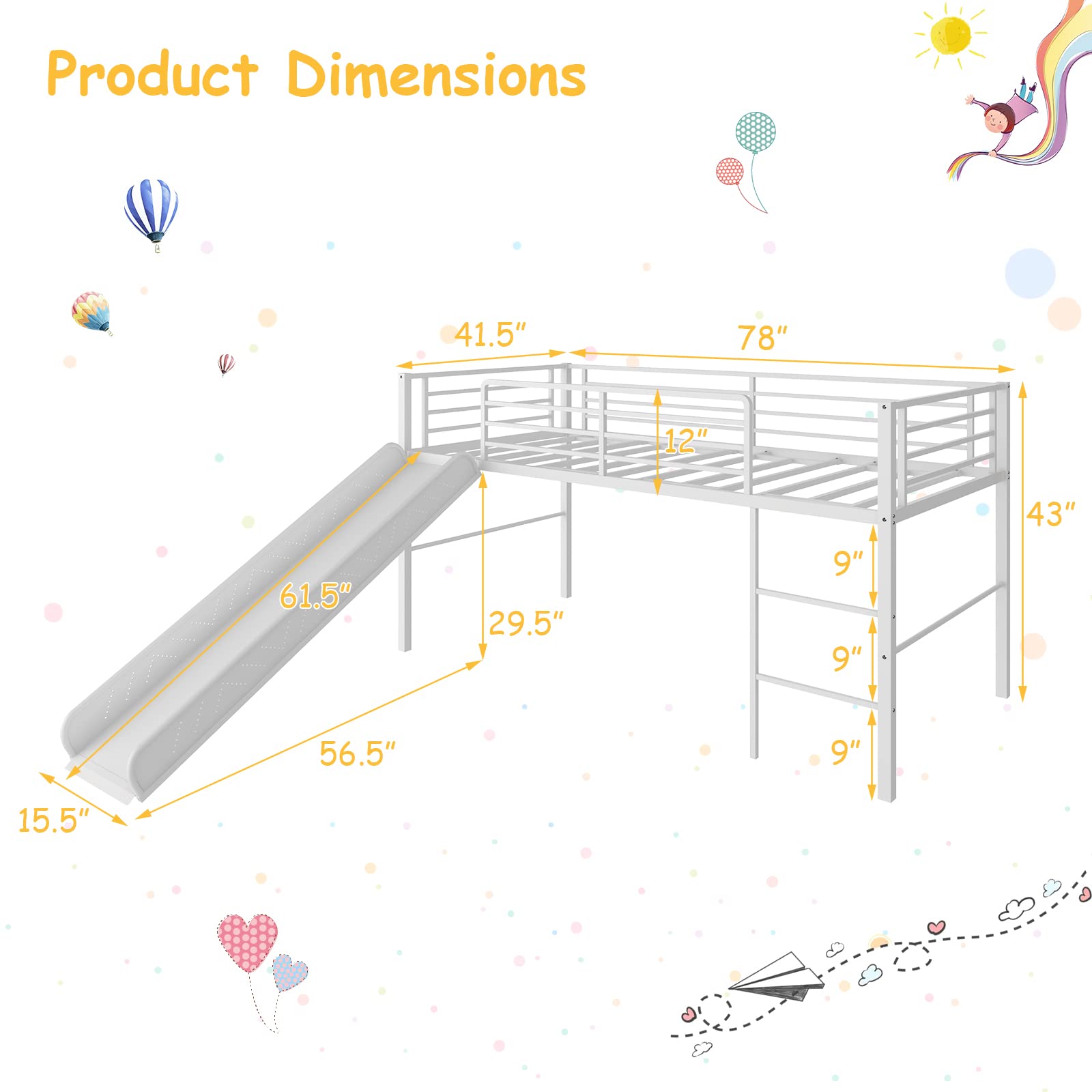 Giantex Twin Loft Bed with Slide - Sturdy Metal Low Bunk Bed with Safety Guardrails & Built-in Ladder - Kids Floor Bed Frame for Boys & Girls - No Box Spring Needed - White - Perfect for Small Bedrooms, Playrooms & Sleepovers