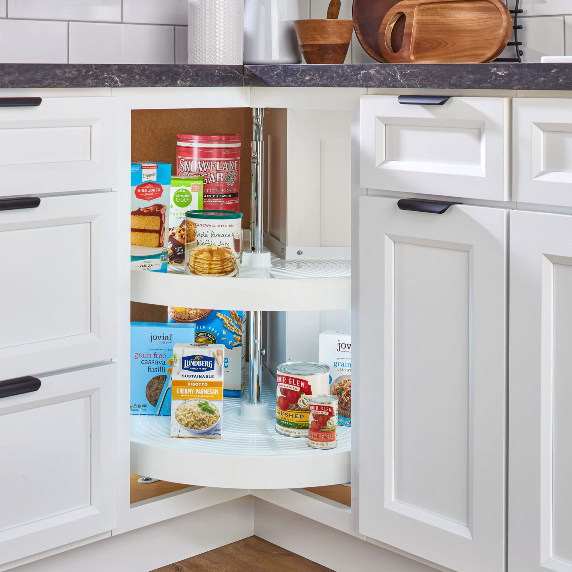 Rev-A-Shelf 28-Inch White Dual Tier Lazy Susan Organizer - Pie-Cut Corner Cabinet Storage Shelf for Kitchen, Plastic Rotating Shelves (Model 2942-28-11-1) - Perfect for Spice Storage, Pantry Organization & Small Kitchen Appliances