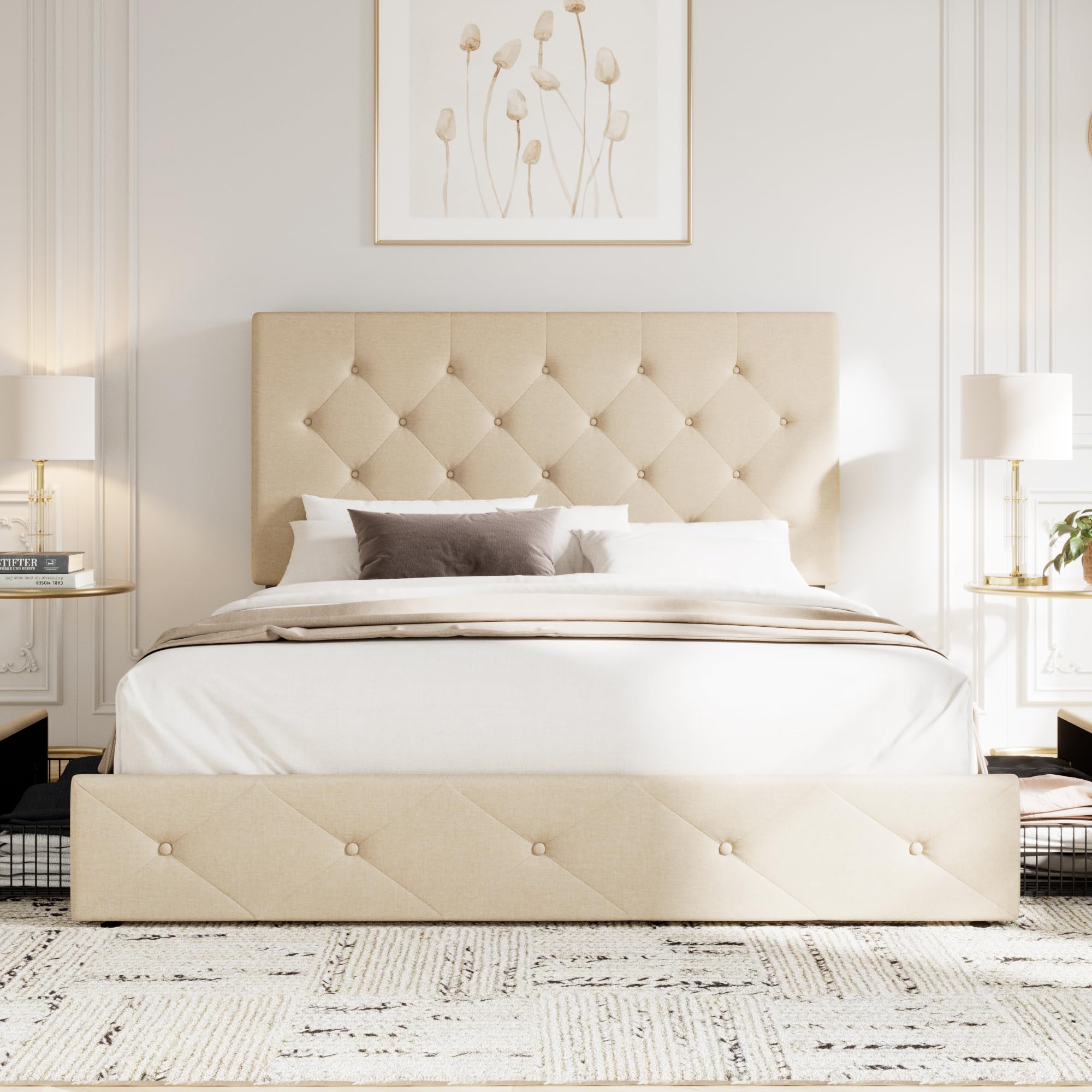 Allewie Upholstered Full Size Platform Bed Frame with 4 Storage Drawers & Headboard - Diamond Stitched Button Tufted Design, Wooden Slats Support, No Box Spring Needed - Beige Bedroom Furniture for Small Spaces & Guest Rooms