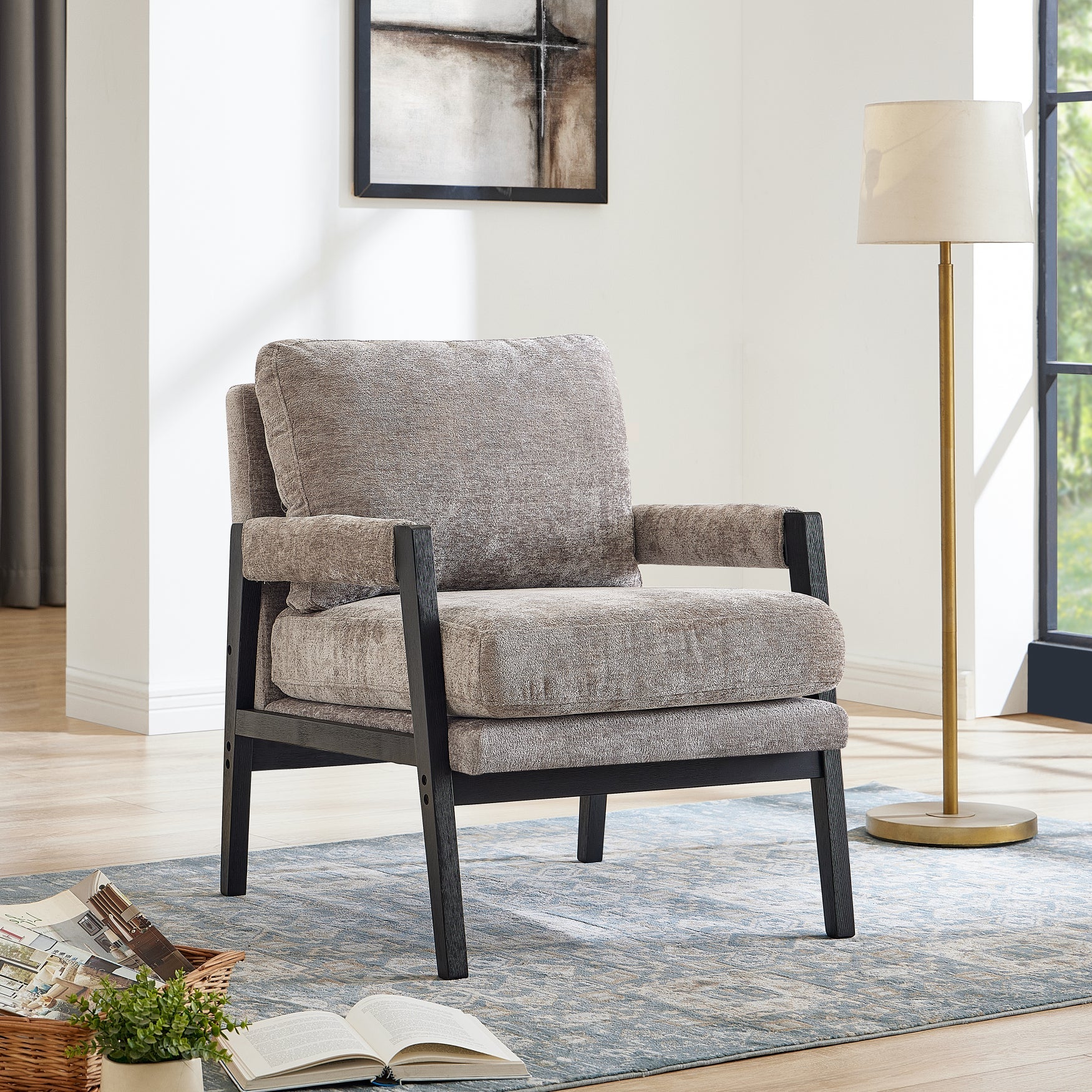 Roundhill Furniture Kelly Mid Century Modern Chenille Upholstered Accent Armchair - Stylish Living Room Chair for Home Office, Lounge & Reading Nook