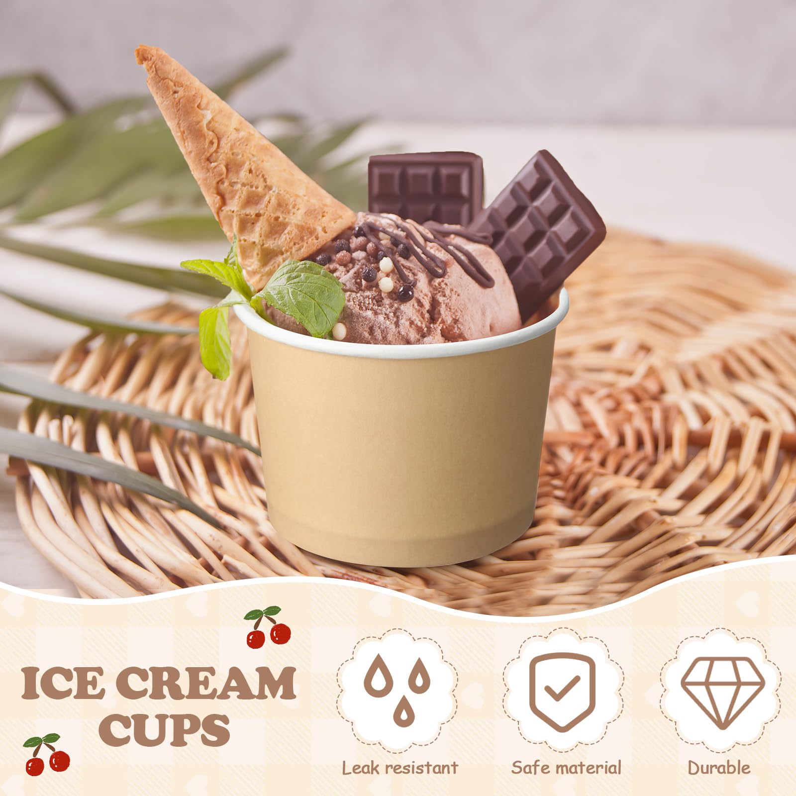 Honeydak 200 Pack 5 oz Disposable Kraft Paper Ice Cream Cups - Brown & White Dessert Containers for Sundae, Yogurt, Snacks | Perfect for Birthday Parties, Weddings, Catering & Ice Cream Shops