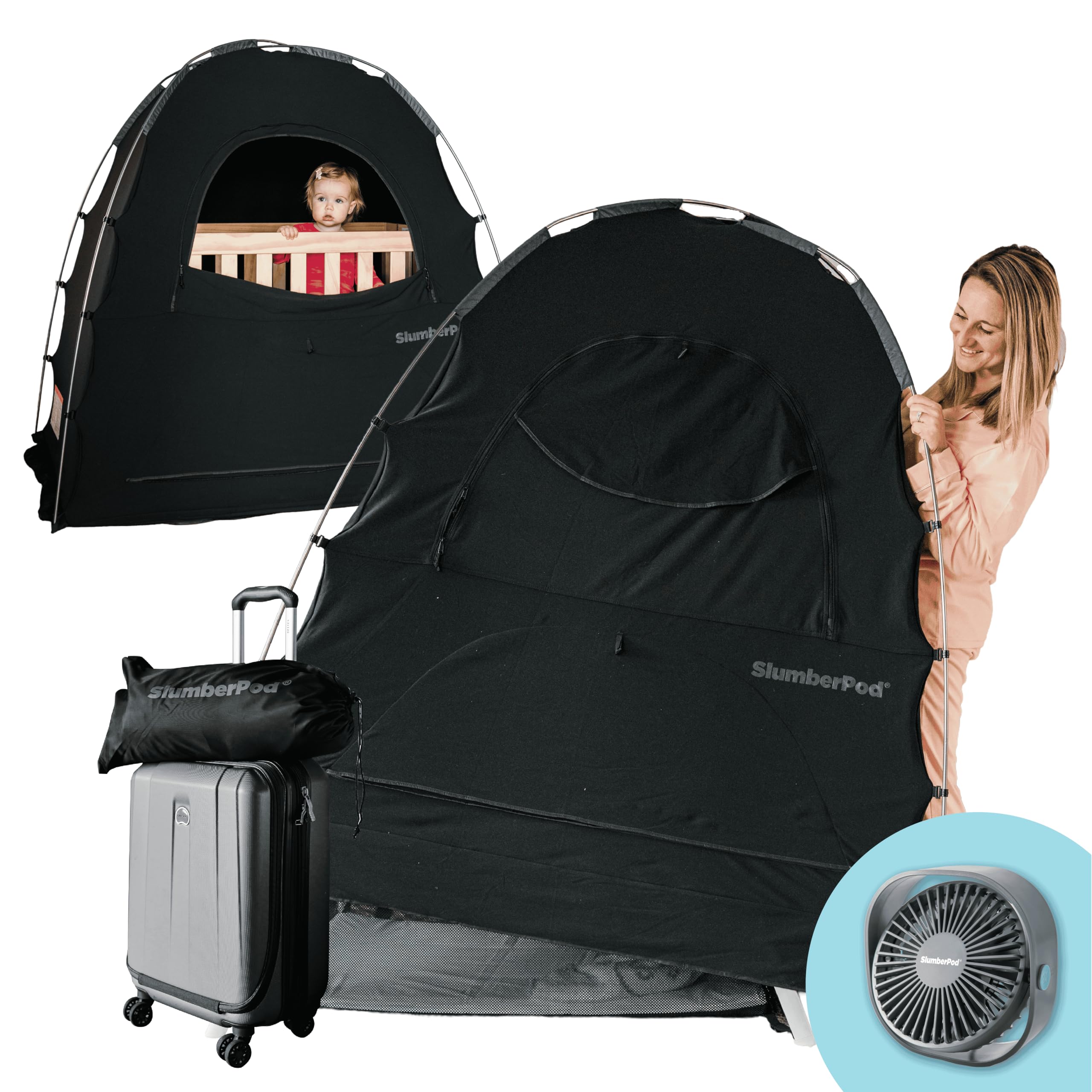 SlumberPod with Fan - Portable Blackout Sleep Tent for Babies & Toddlers | Travel Essential for Pack n Play & Mini Crib | Blocks 95% Light with Monitor Pouch & Fan Pocket | Perfect for Travel, Daycare & Home Napping (Black)