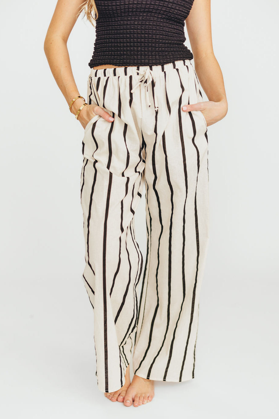 Kelsea Woven Pants for Women - Cream & Black High Waisted Wide Leg Trousers - Comfortable Office Wear & Casual Outfits