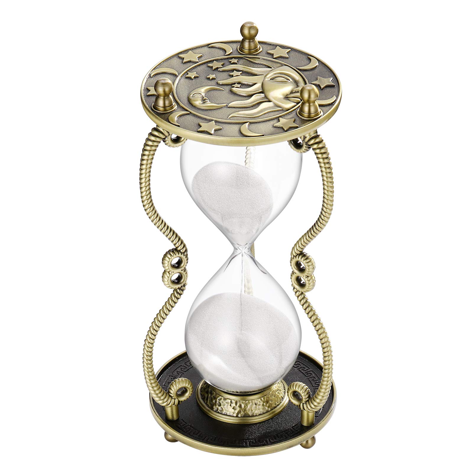 60 Minute Sun and Moon Engraved Brass Sand Timer - Antique Metal Hourglass with White Sand - Large 1 Hour Glass for Office Desk Decor, Meditation Timer, Yoga Studio, Classroom Tool & Unique Gift Idea