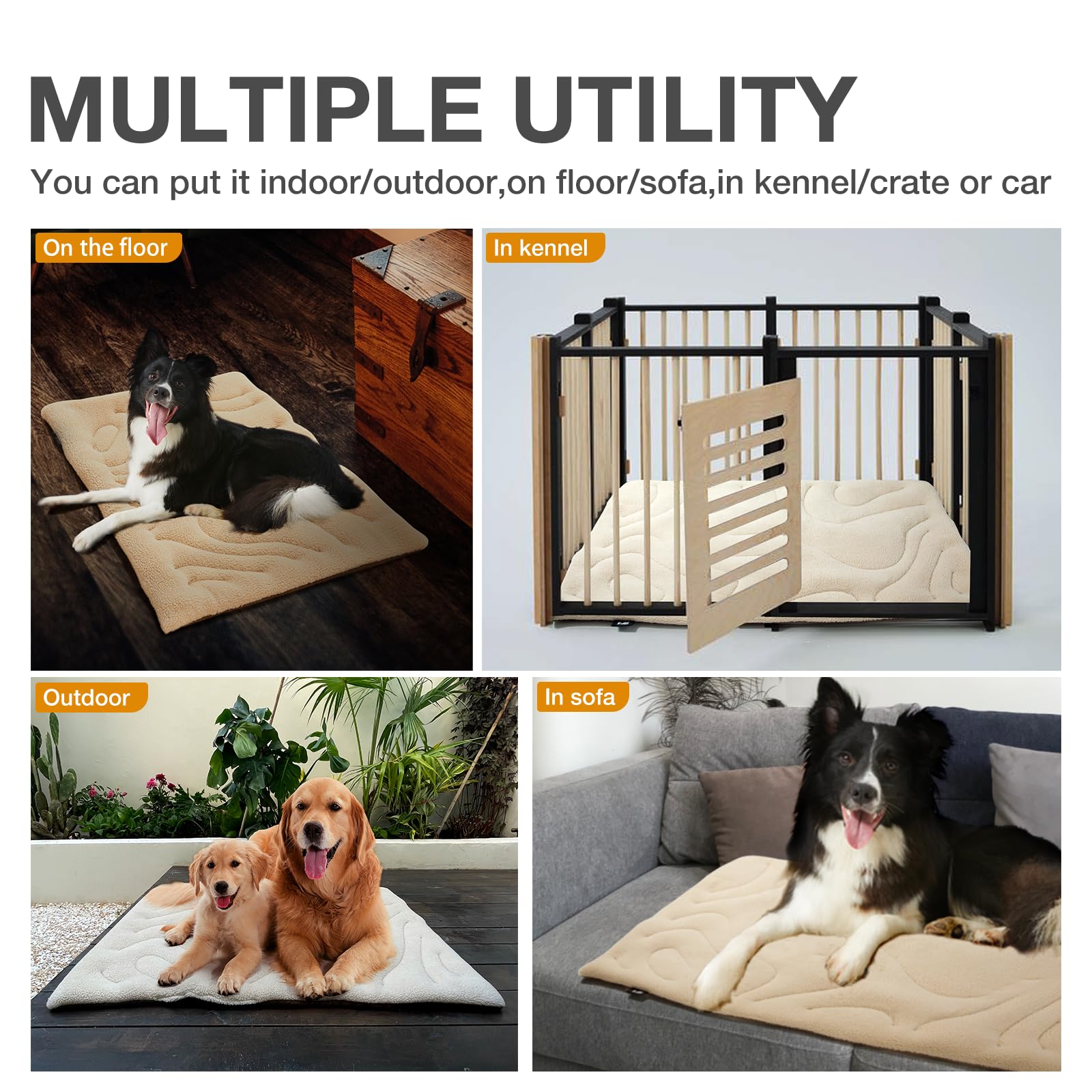 Machine Washable & Waterproof Dog Crate Pad - Reversible Kennel Bed for Medium/Large Dogs, Cage Cushion in Beige | Perfect for Crates, Travel & Home Comfort
